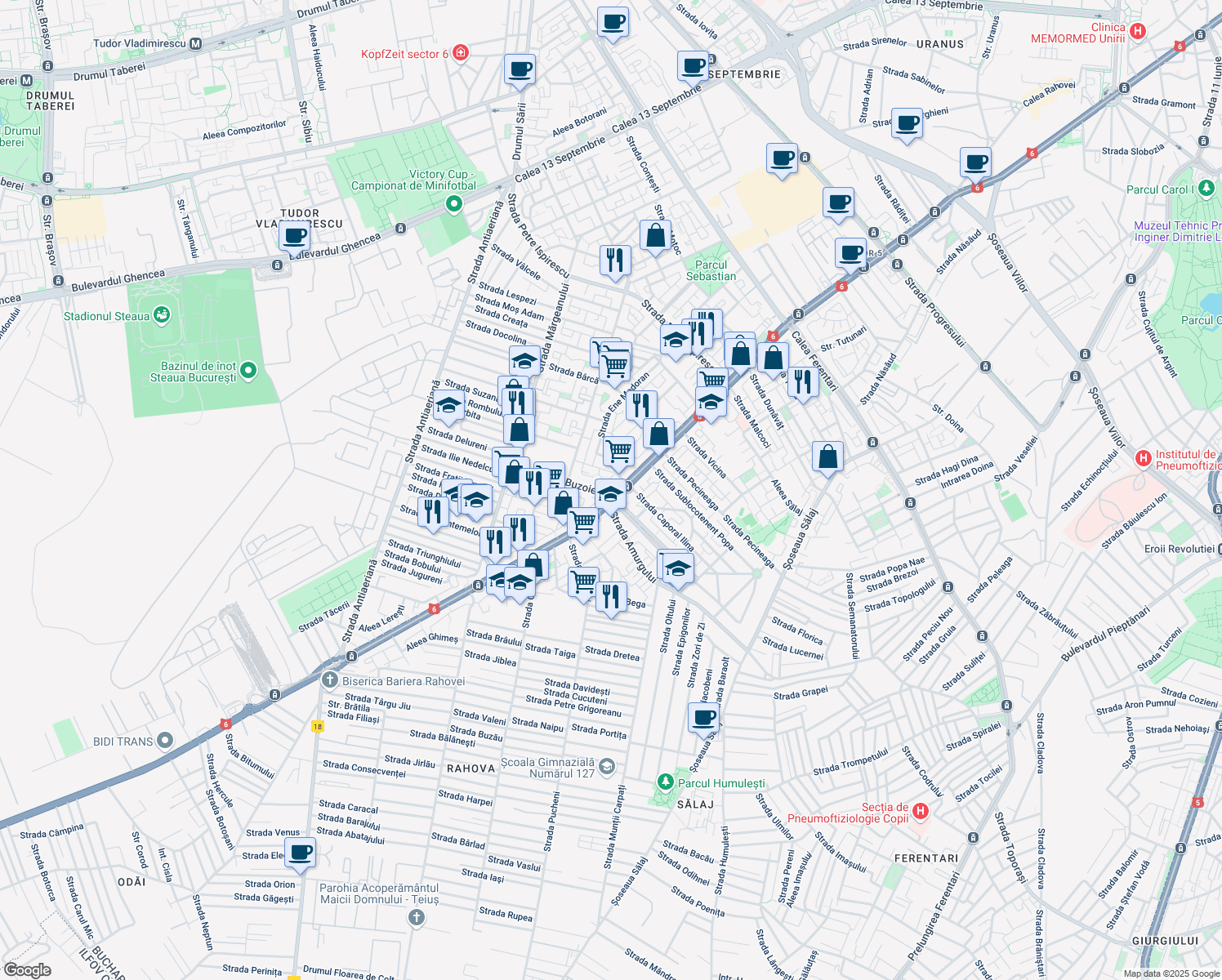 map of restaurants, bars, coffee shops, grocery stores, and more near 1 Strada Buzoieni in București