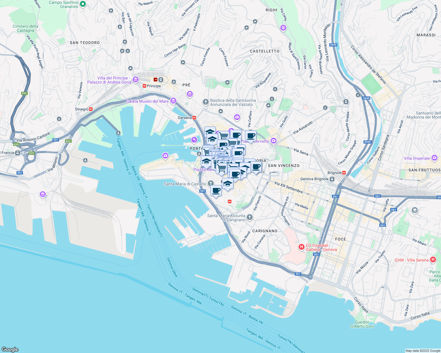 map of restaurants, bars, coffee shops, grocery stores, and more near 21 Via di Canneto Il Lungo in Genova