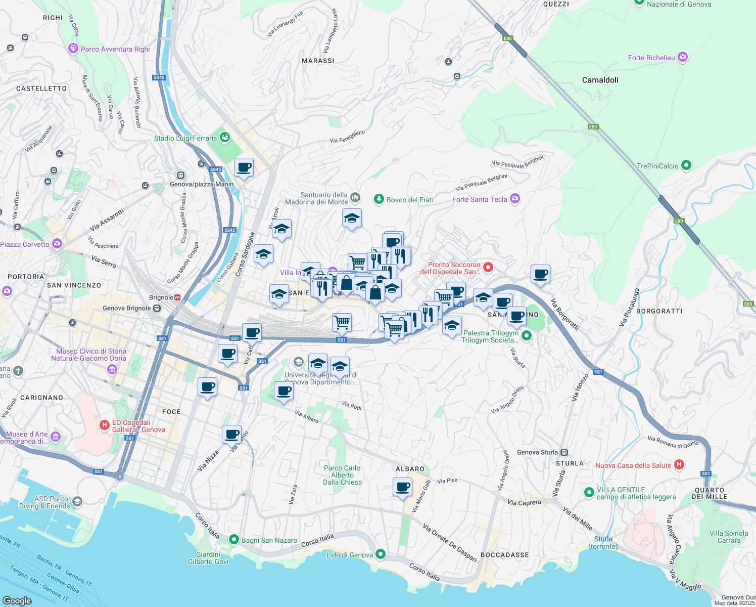 map of restaurants, bars, coffee shops, grocery stores, and more near 16 Via Donghi in Genoa