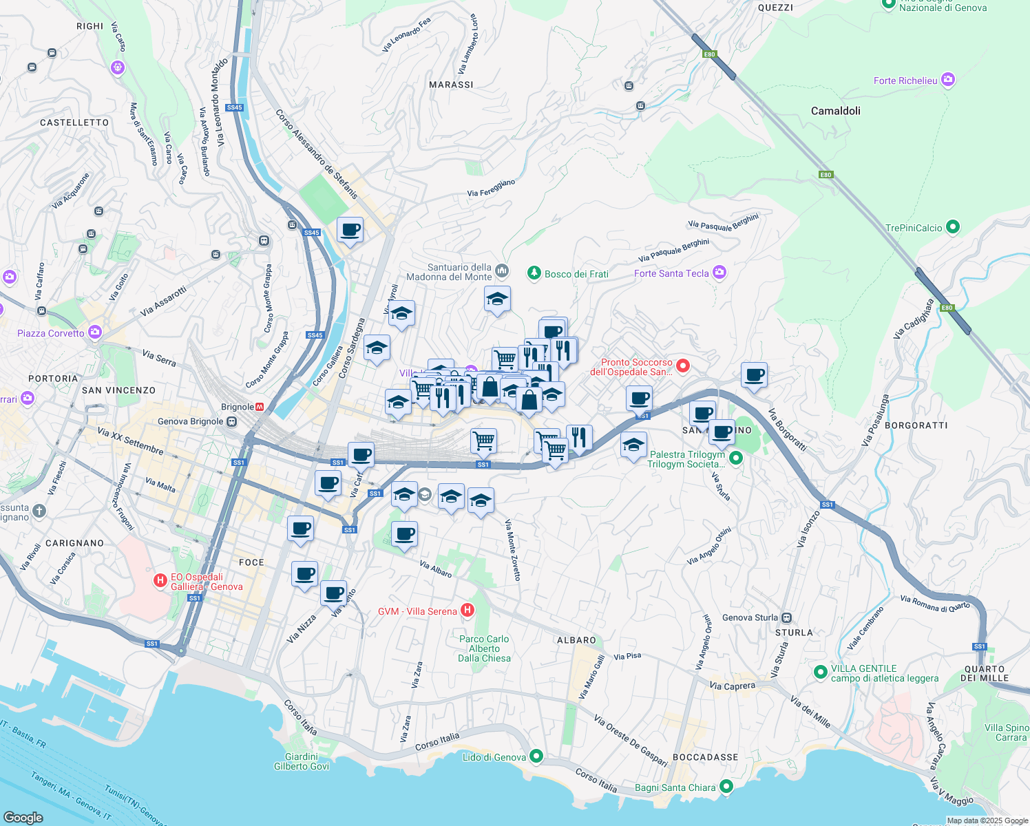 map of restaurants, bars, coffee shops, grocery stores, and more near 132 Via Giovanni Torti in Genova