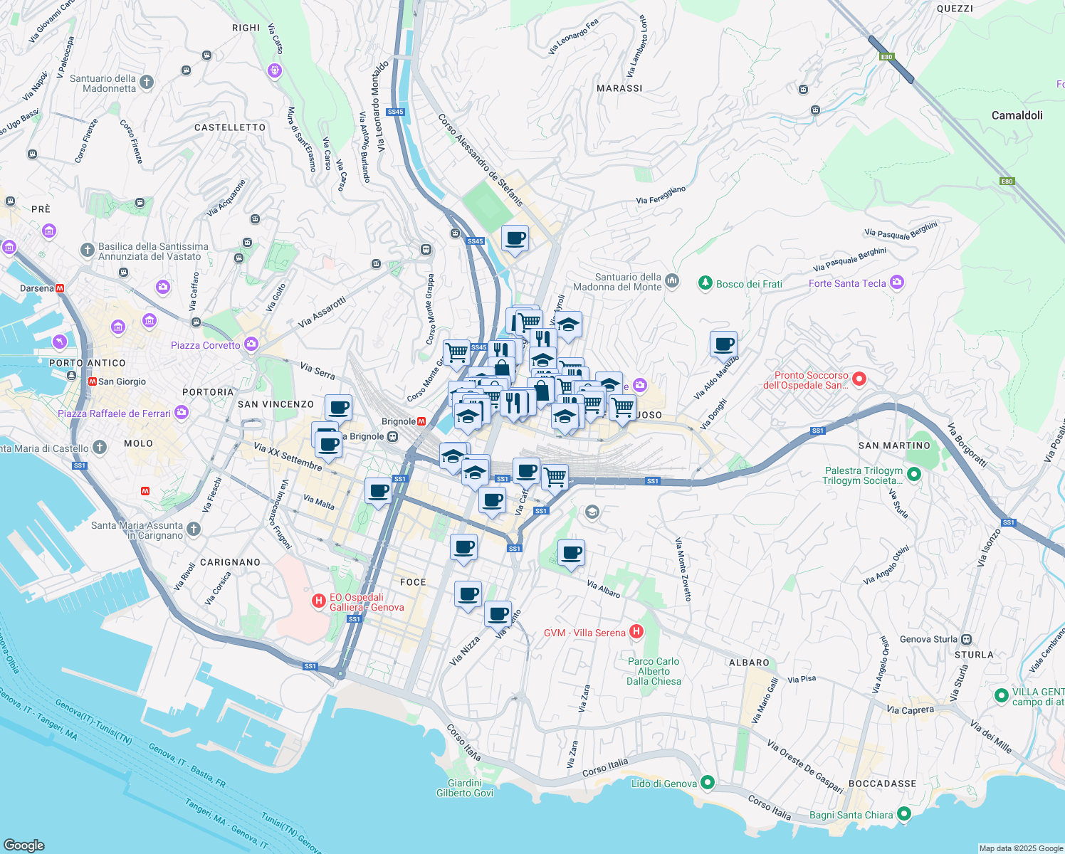 map of restaurants, bars, coffee shops, grocery stores, and more near 11 Via Giuseppe de Paoli in Genova
