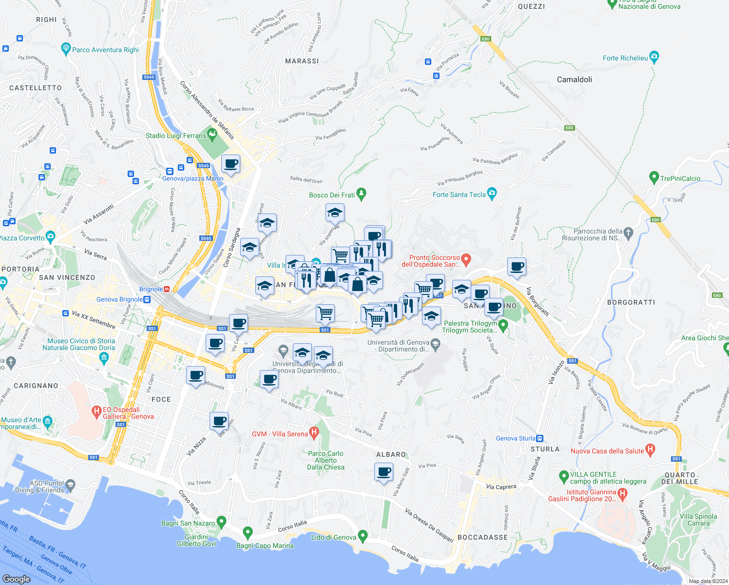map of restaurants, bars, coffee shops, grocery stores, and more near 16 Via Donghi in Genoa