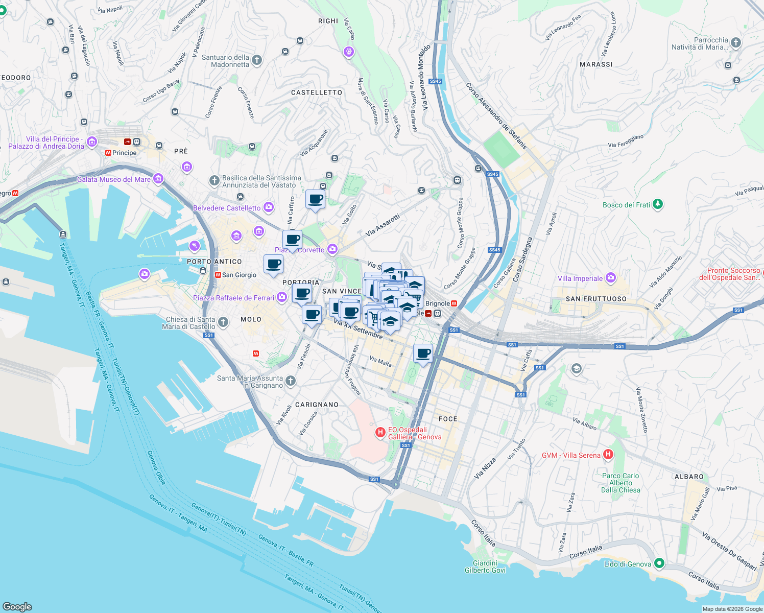 map of restaurants, bars, coffee shops, grocery stores, and more near 106R Via San Vincenzo in Genova