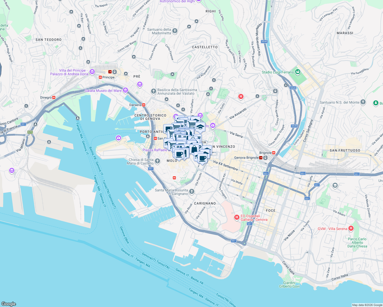 map of restaurants, bars, coffee shops, grocery stores, and more near in Genoa