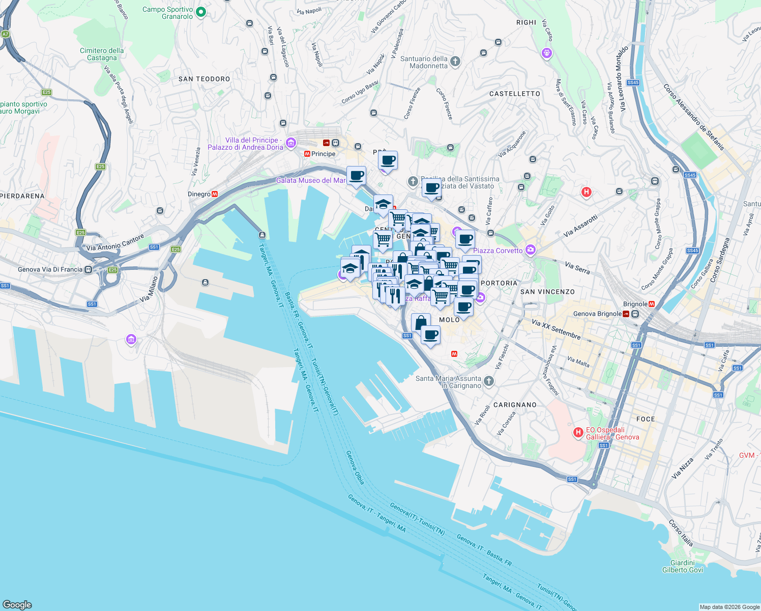 map of restaurants, bars, coffee shops, grocery stores, and more near 17A Vico Malatti in Genova