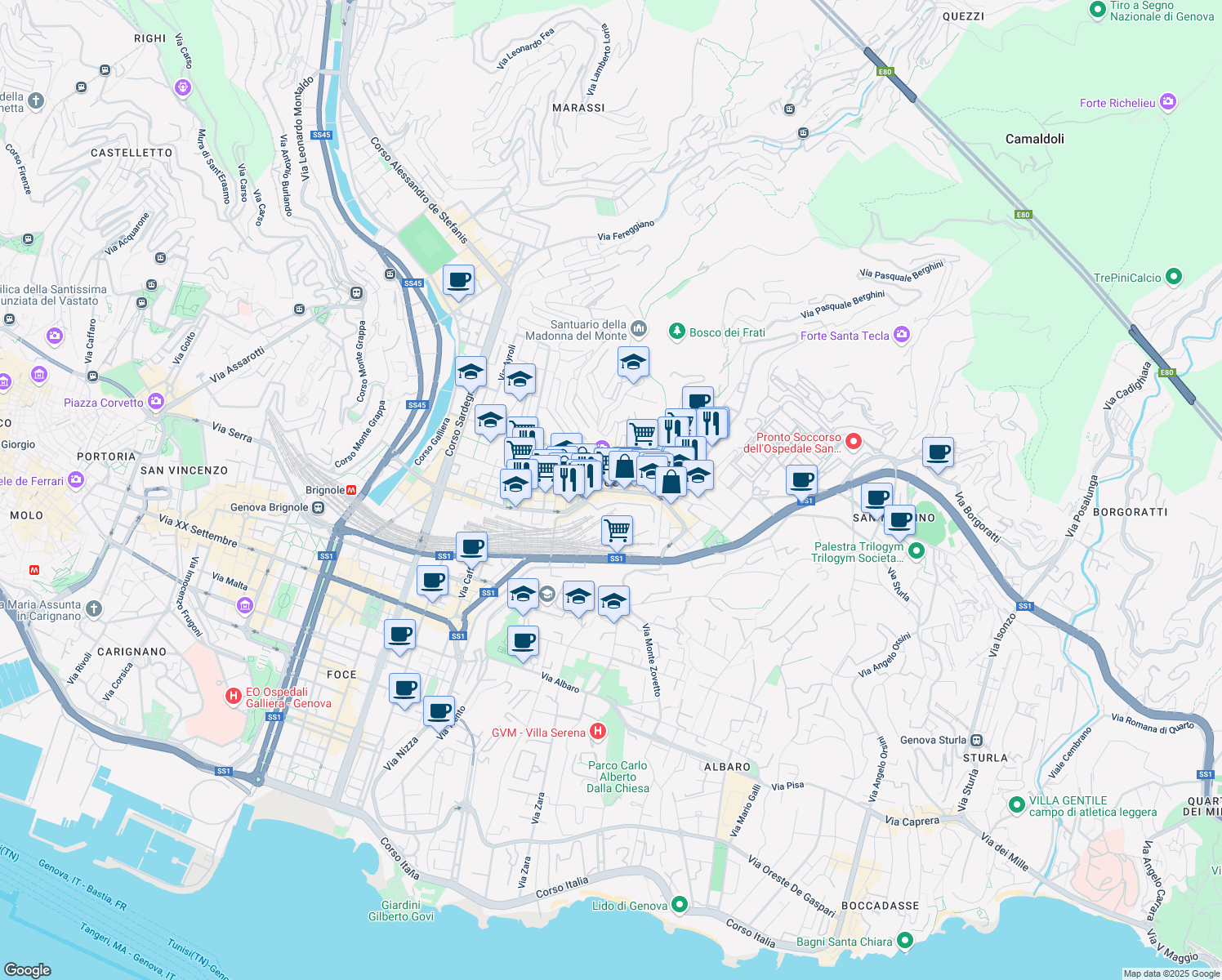 map of restaurants, bars, coffee shops, grocery stores, and more near 140 Via Giovanni Torti in Genova