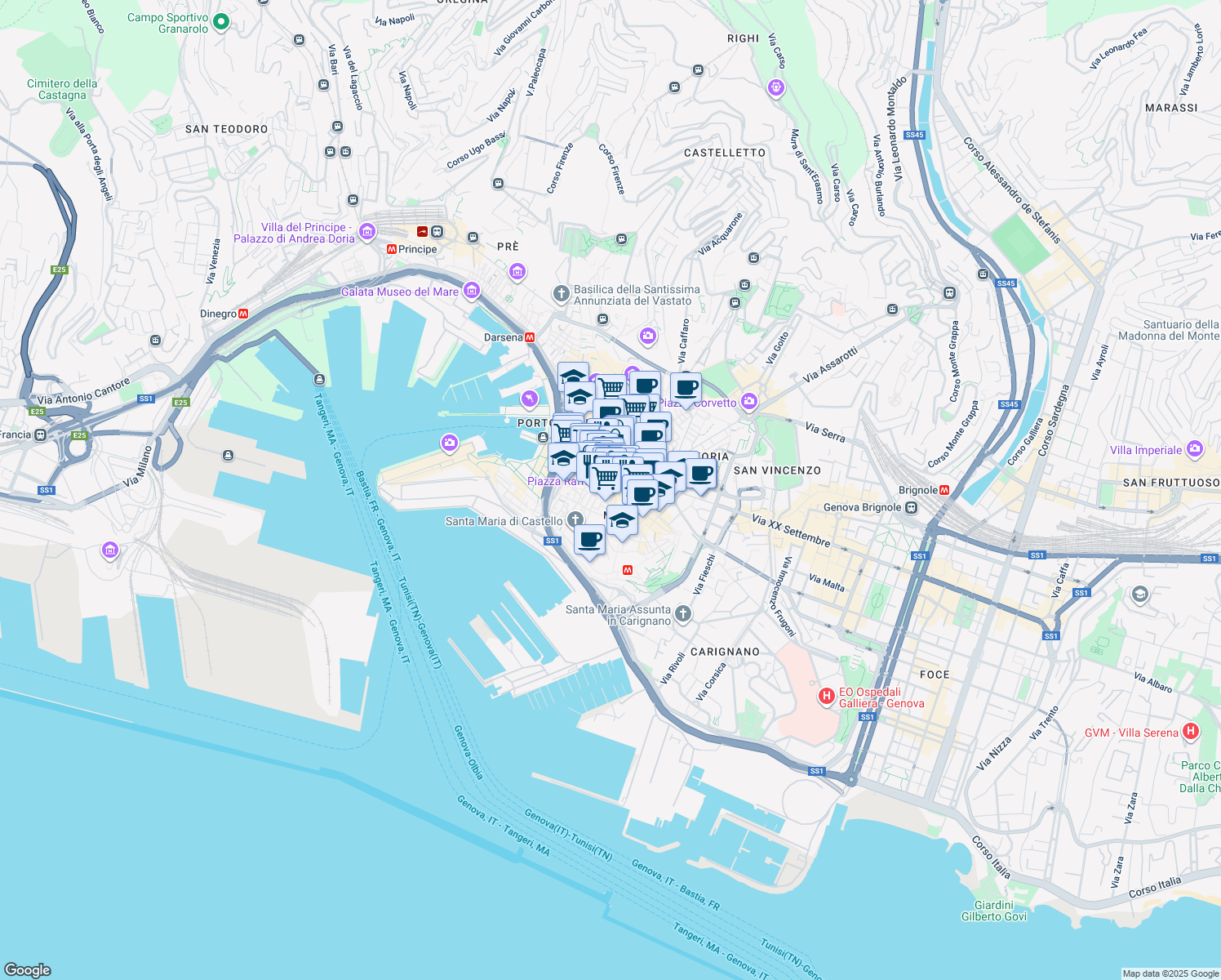 map of restaurants, bars, coffee shops, grocery stores, and more near 21 Via di Canneto Il Lungo in Genova