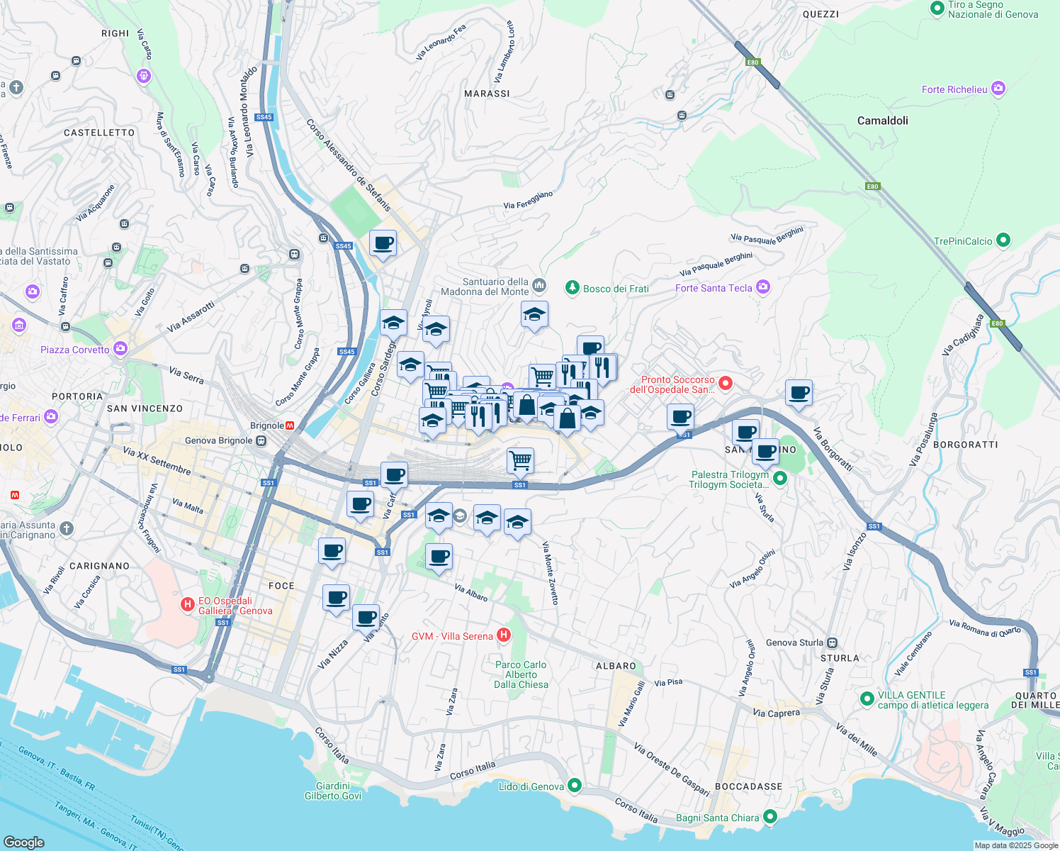 map of restaurants, bars, coffee shops, grocery stores, and more near 140 Via Giovanni Torti in Genova