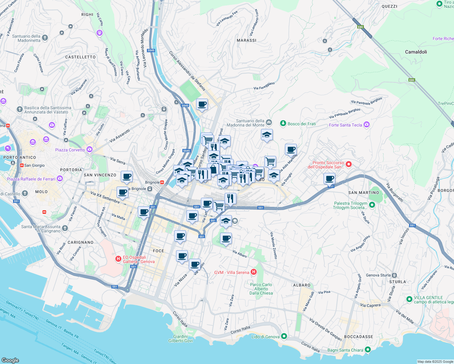map of restaurants, bars, coffee shops, grocery stores, and more near 12 Via Giovanni Torti in Genoa