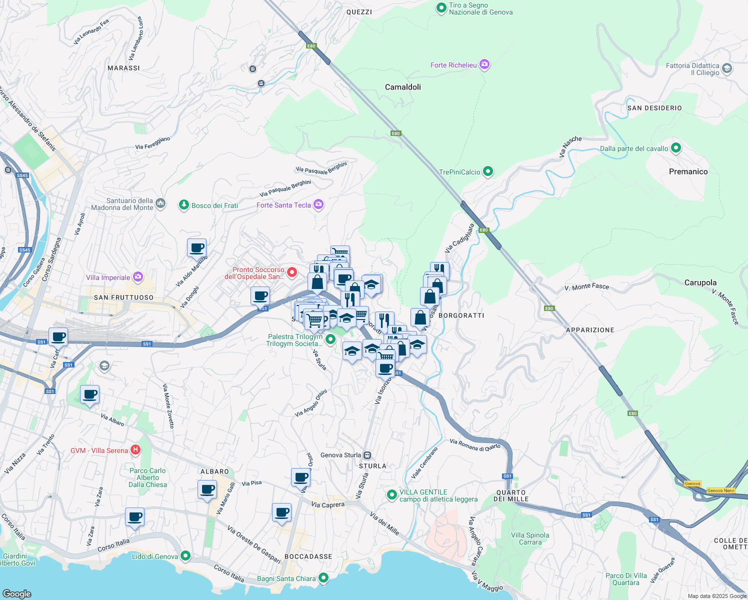 map of restaurants, bars, coffee shops, grocery stores, and more near 75 Via Giacomo Boero in Genoa