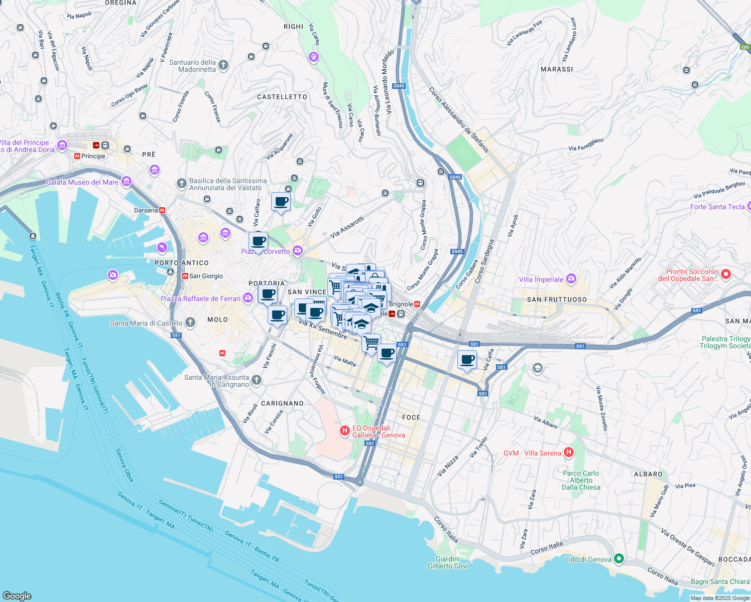 map of restaurants, bars, coffee shops, grocery stores, and more near 2 Via Varese in Genoa