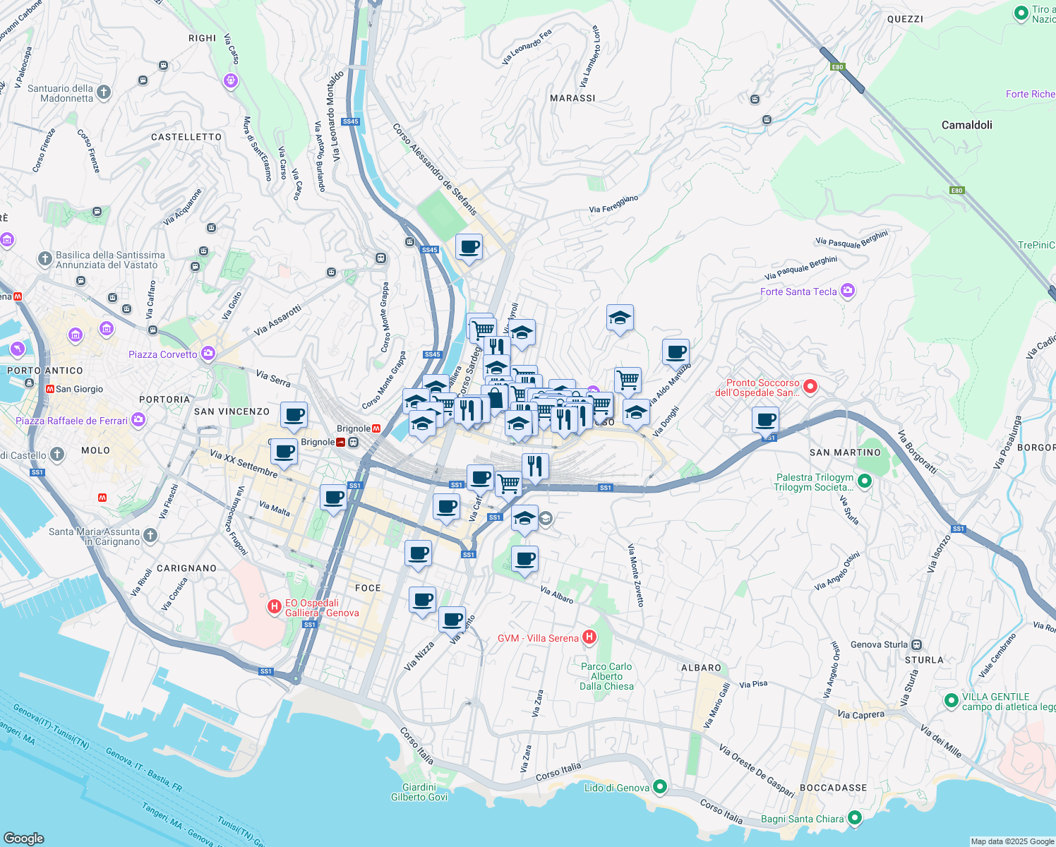 map of restaurants, bars, coffee shops, grocery stores, and more near 12 Via Giovanni Torti in Genoa