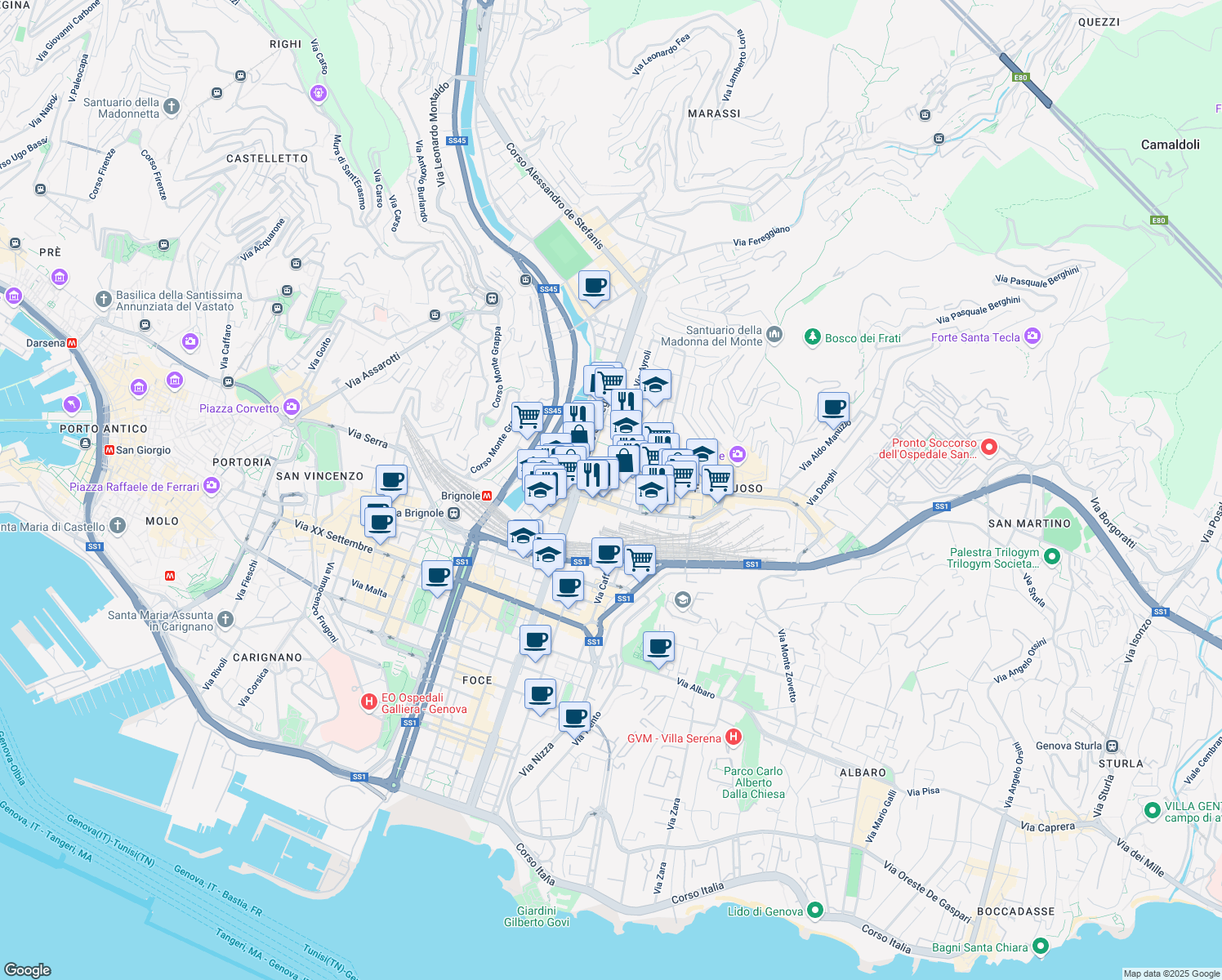 map of restaurants, bars, coffee shops, grocery stores, and more near 11 Via Giuseppe de Paoli in Genova