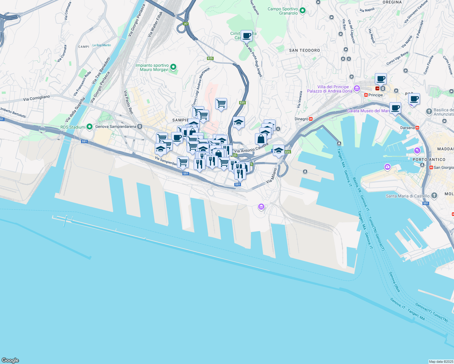 map of restaurants, bars, coffee shops, grocery stores, and more near in Genoa