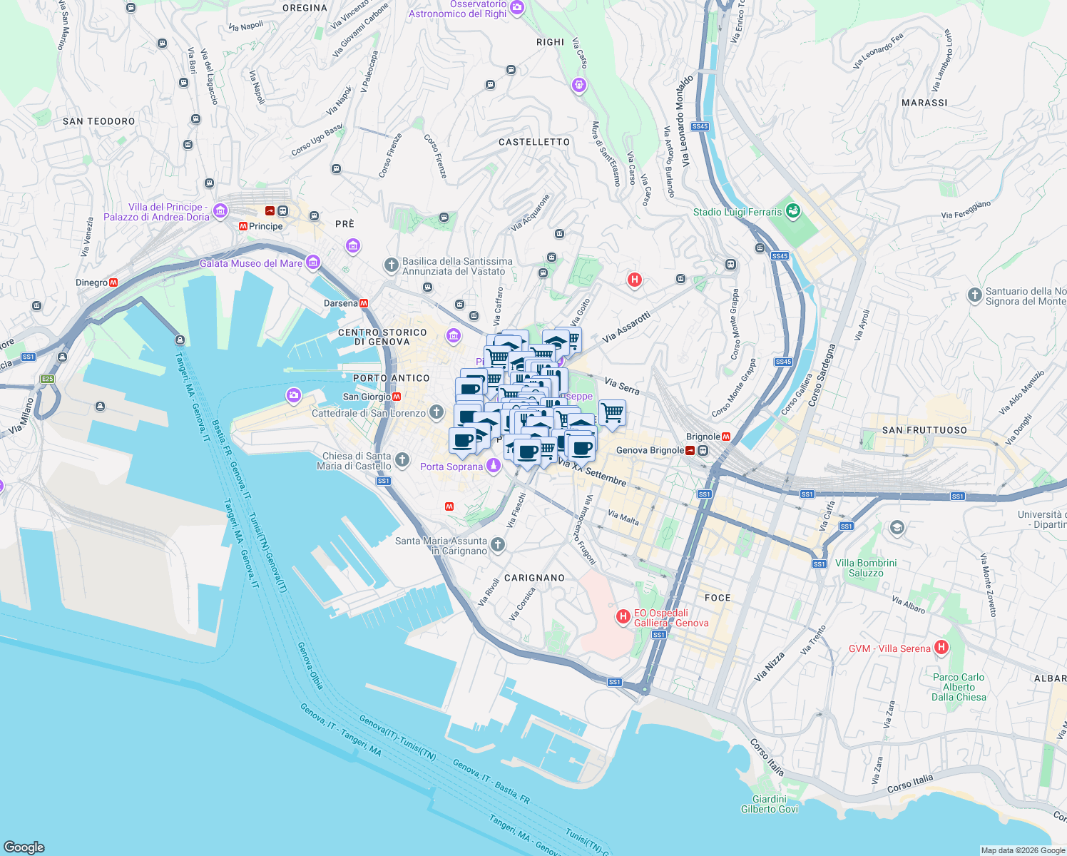 map of restaurants, bars, coffee shops, grocery stores, and more near 62 Largo XII Ottobre in Genova