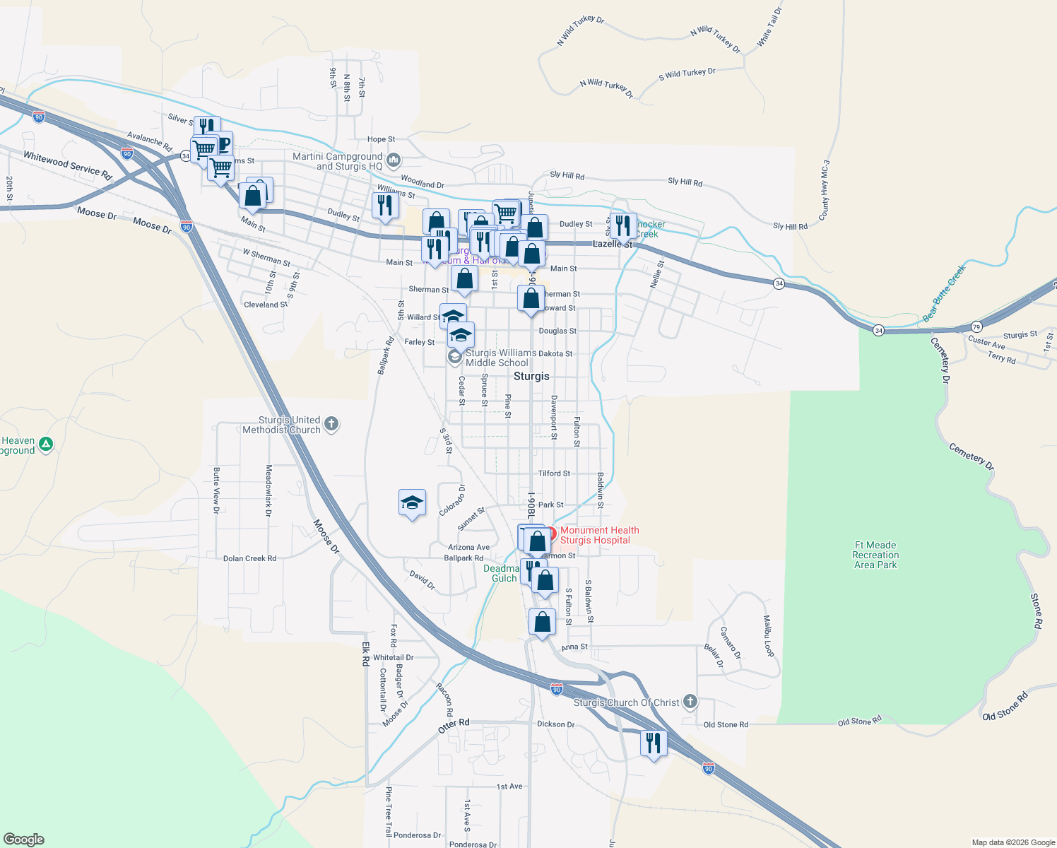 map of restaurants, bars, coffee shops, grocery stores, and more near Boulevard Street in Sturgis
