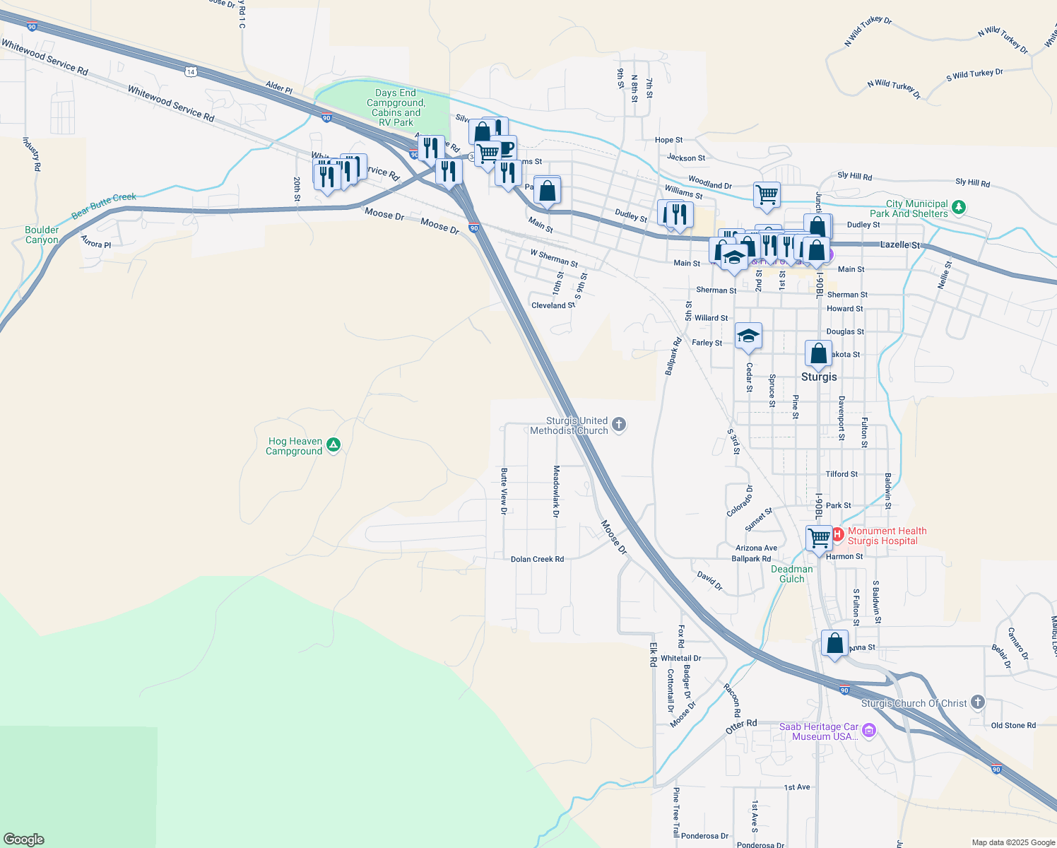 map of restaurants, bars, coffee shops, grocery stores, and more near 2298 Bluebell Dr in Sturgis