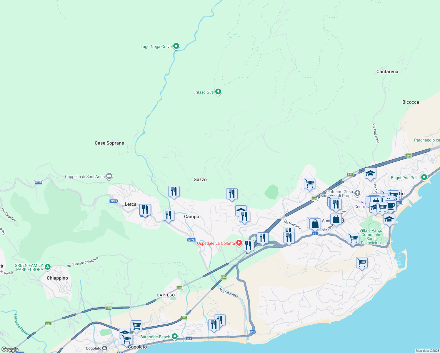 map of restaurants, bars, coffee shops, grocery stores, and more near 24 Via Pecorara in Arenzano