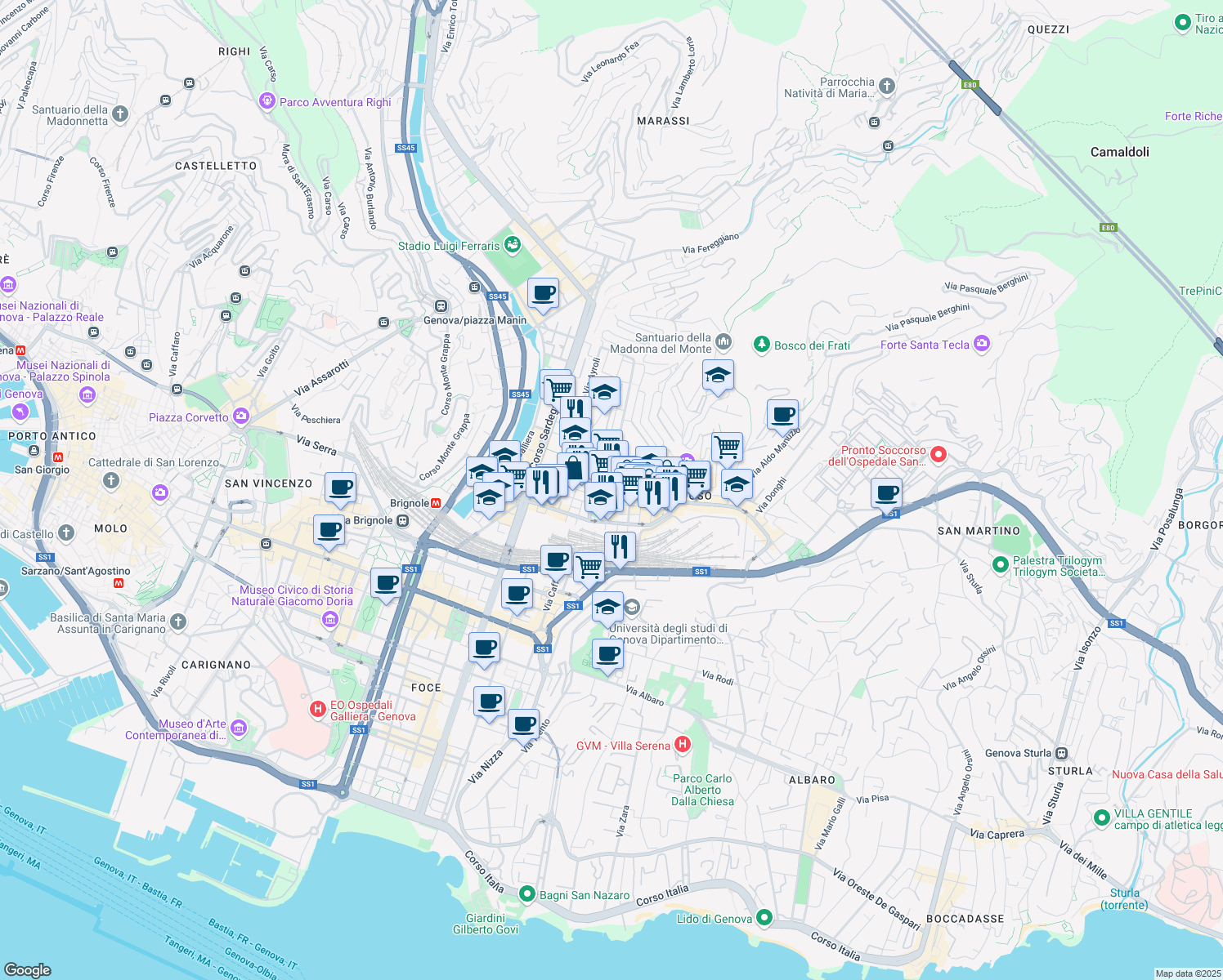 map of restaurants, bars, coffee shops, grocery stores, and more near 12 Via Giovanni Torti in Genoa