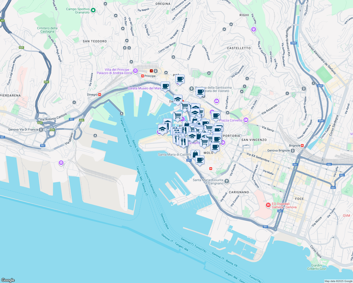 map of restaurants, bars, coffee shops, grocery stores, and more near 17A Vico Malatti in Genova