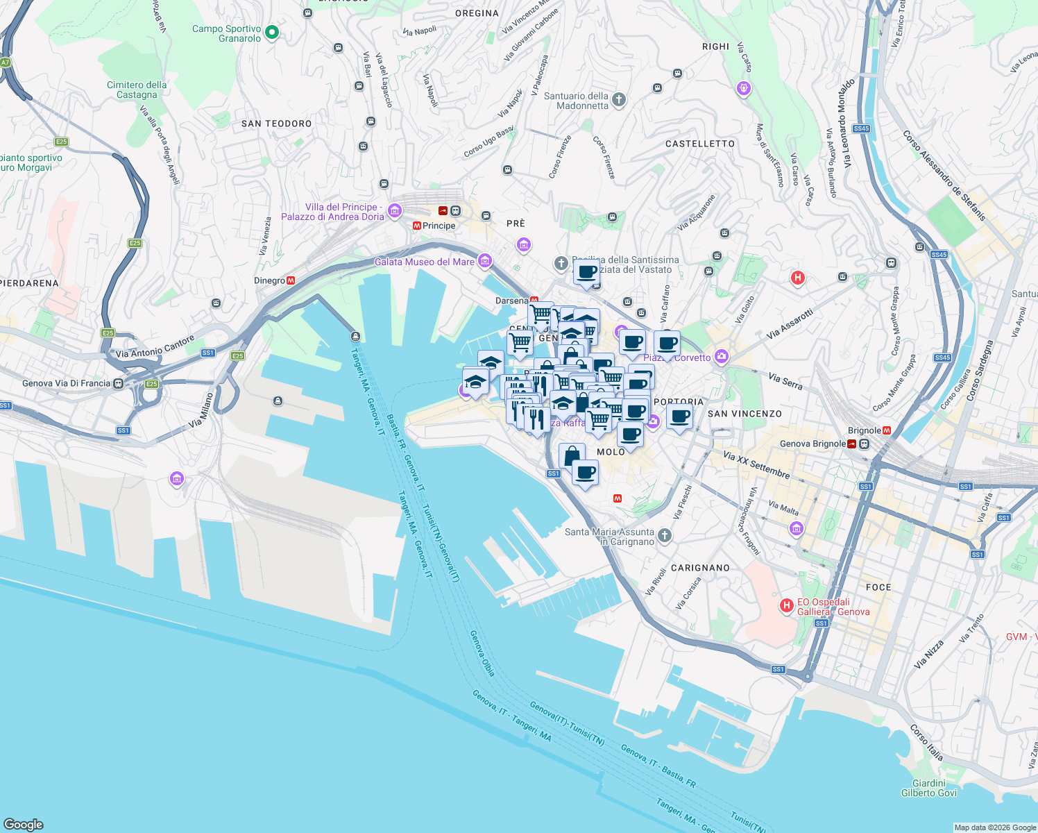 map of restaurants, bars, coffee shops, grocery stores, and more near 6 Via del Molo in Genova