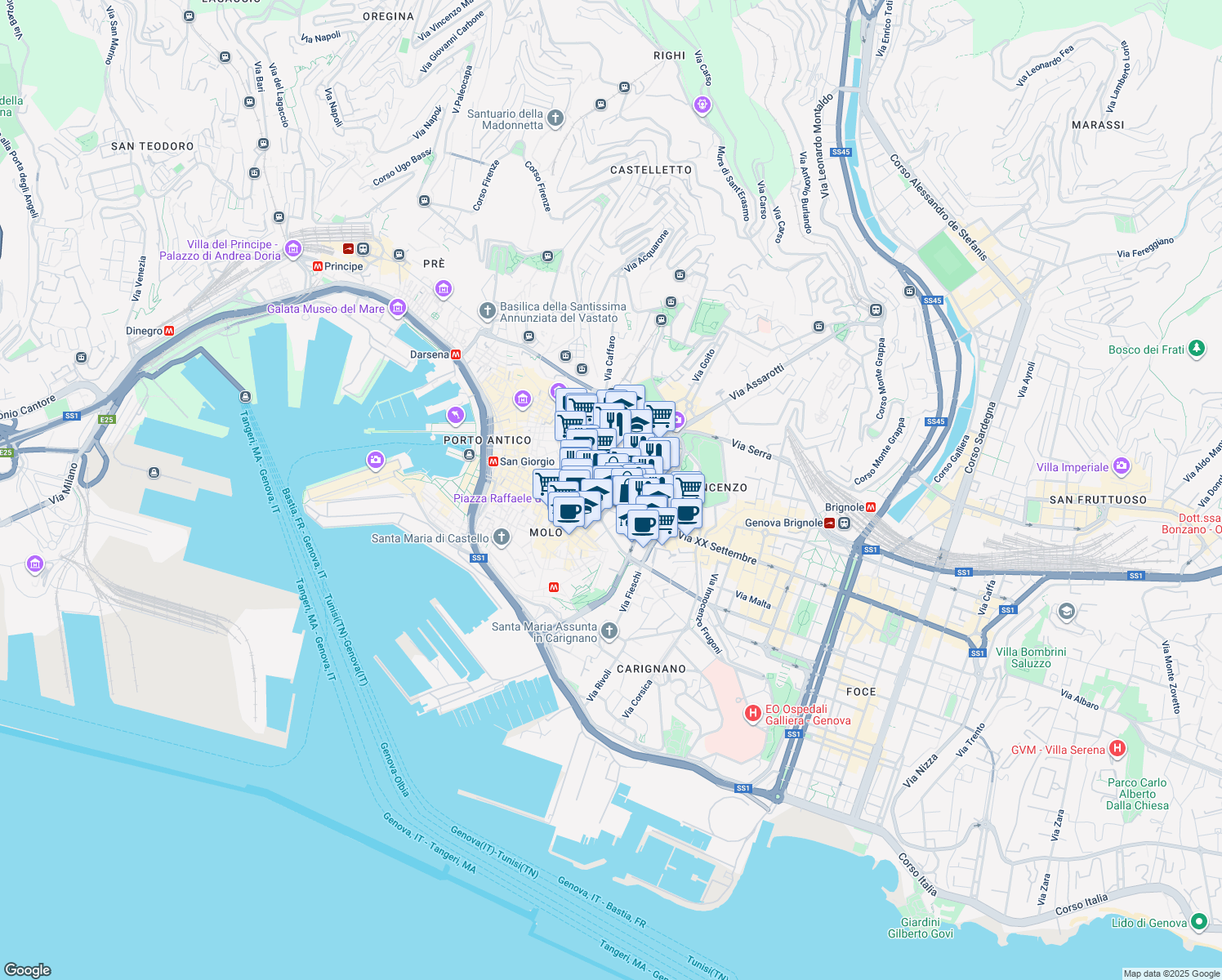 map of restaurants, bars, coffee shops, grocery stores, and more near 2 Via Roma in Genova