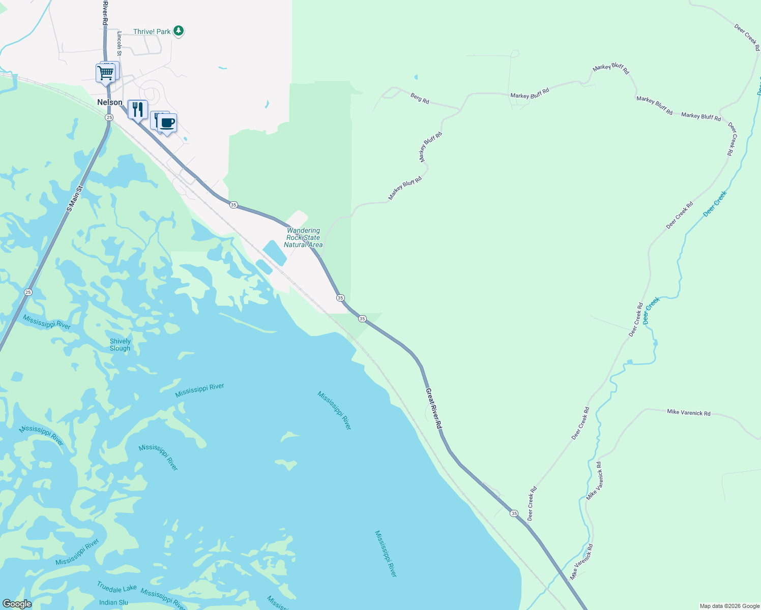 map of restaurants, bars, coffee shops, grocery stores, and more near S1300 Wisconsin 35 in Nelson