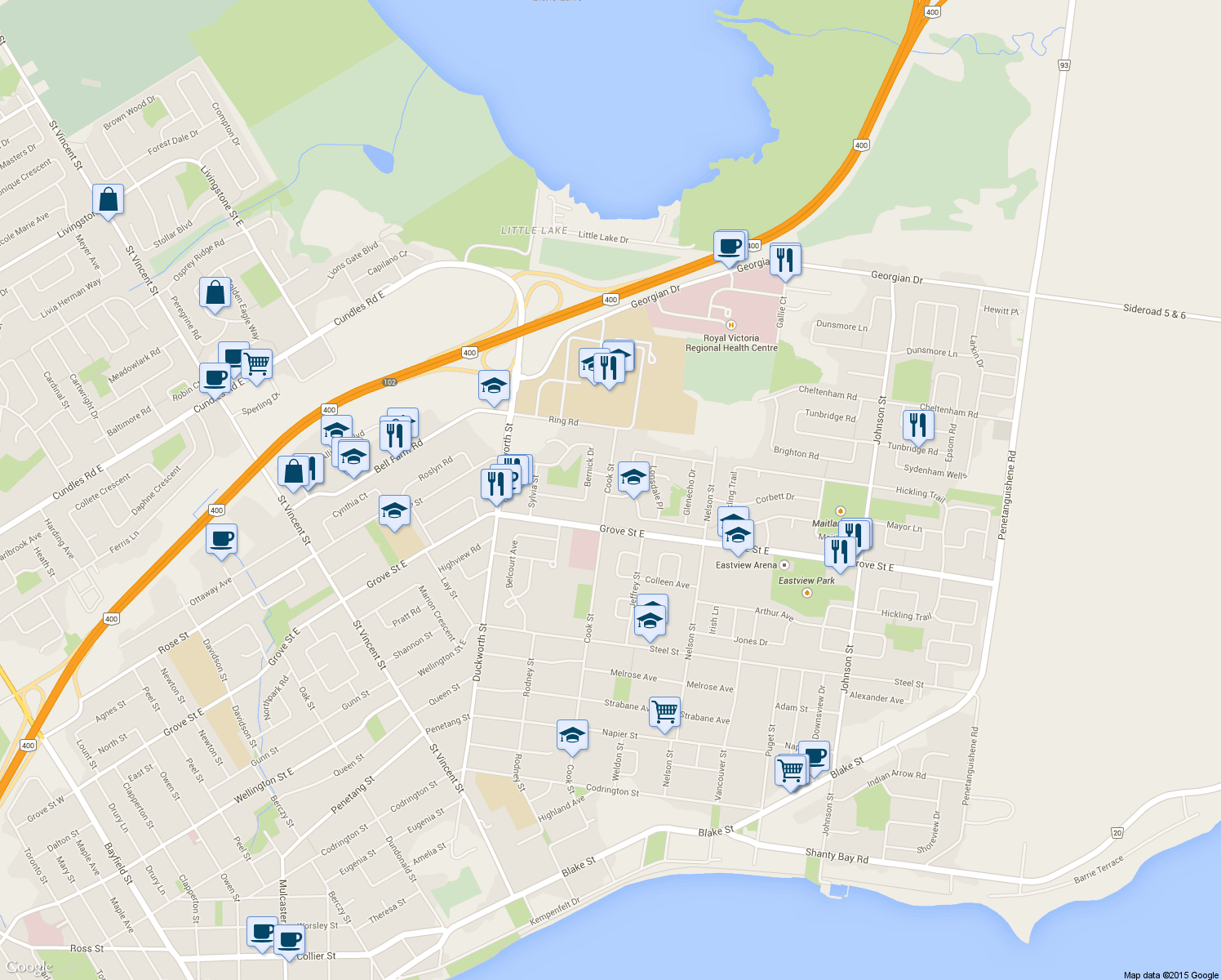 map of restaurants, bars, coffee shops, grocery stores, and more near 263 Cook Street in Barrie