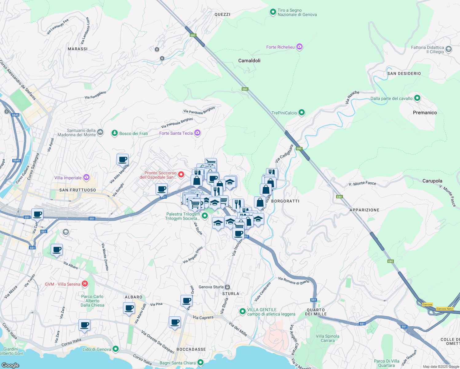 map of restaurants, bars, coffee shops, grocery stores, and more near 75 Via Giacomo Boero in Genoa