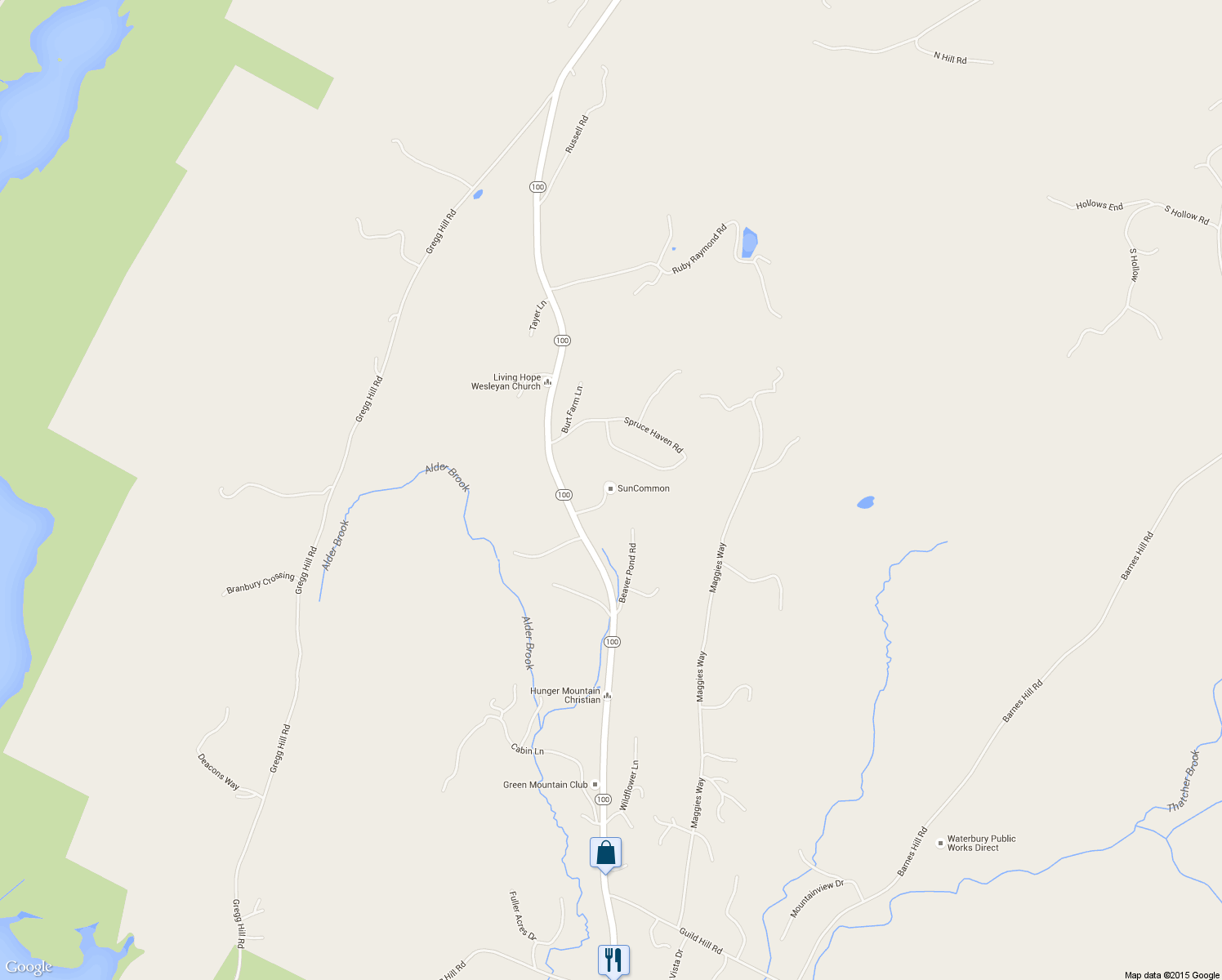 map of restaurants, bars, coffee shops, grocery stores, and more near 5430 Waterbury-stowe Road in Washington County