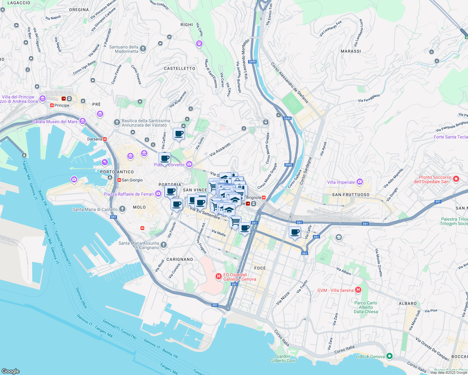 map of restaurants, bars, coffee shops, grocery stores, and more near 2 Via Varese in Genoa