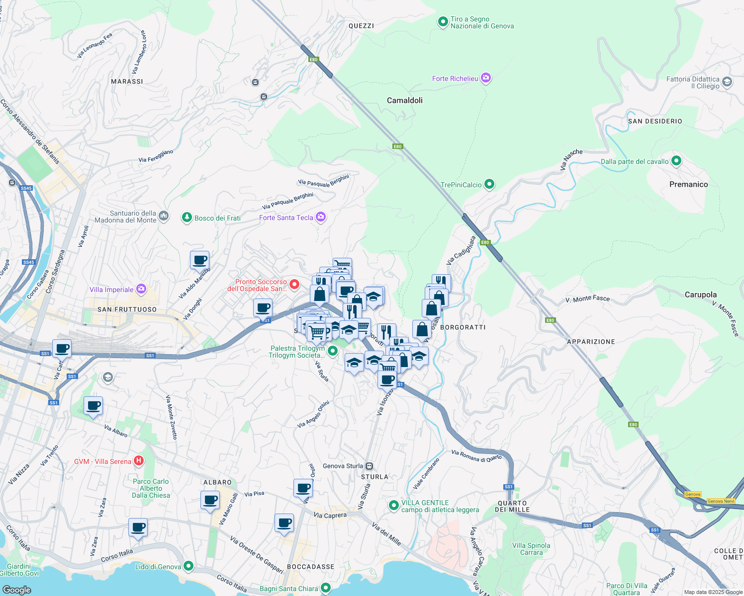 map of restaurants, bars, coffee shops, grocery stores, and more near 75 Via Giacomo Boero in Genoa