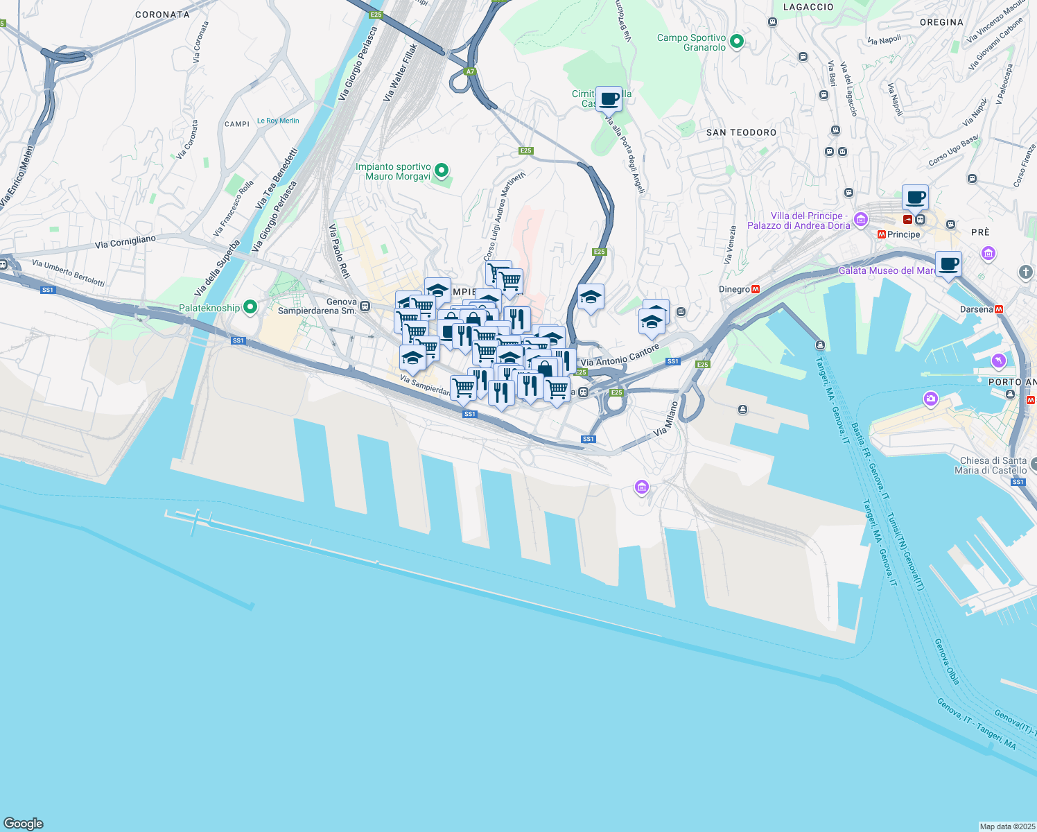 map of restaurants, bars, coffee shops, grocery stores, and more near 81 Via Pietro Chiesa in Genova