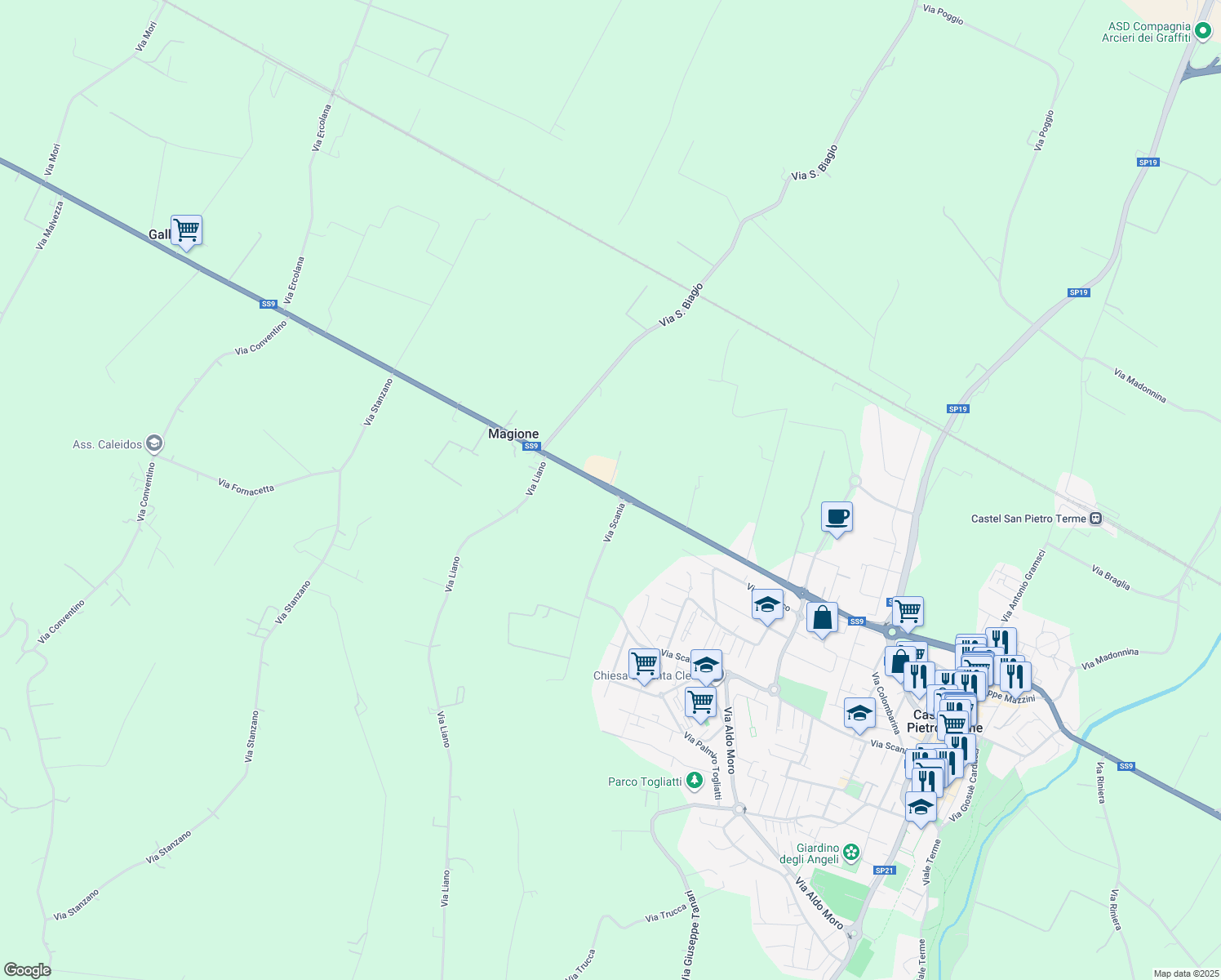 map of restaurants, bars, coffee shops, grocery stores, and more near 1318 Via Emilia Ponente in Città Metropolitana di Bologna