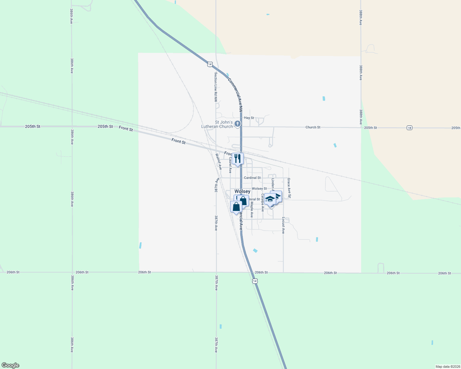 map of restaurants, bars, coffee shops, grocery stores, and more near Laurel Avenue in Wolsey