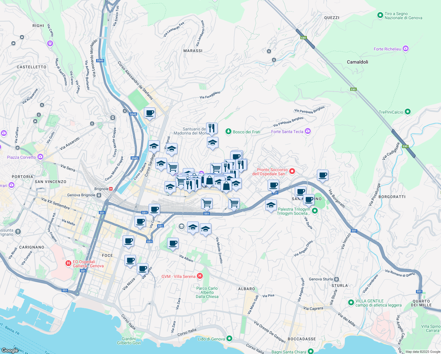 map of restaurants, bars, coffee shops, grocery stores, and more near 6-9 Via Marina di Robilant in Genoa