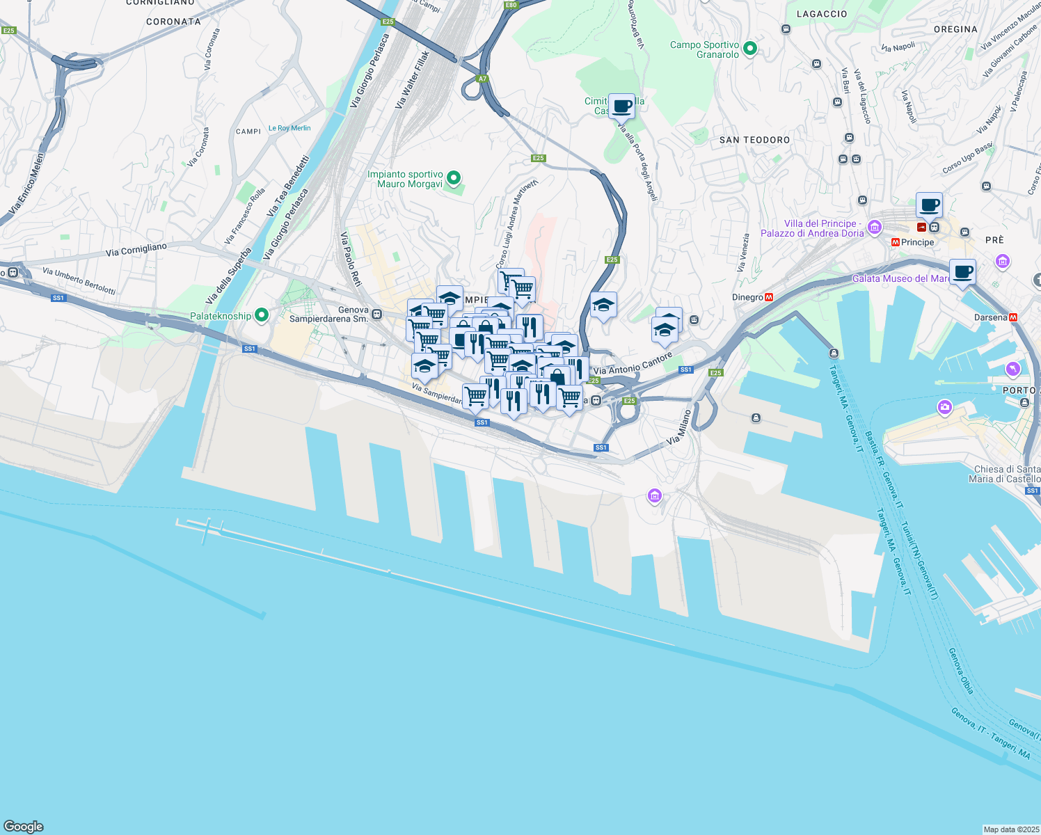 map of restaurants, bars, coffee shops, grocery stores, and more near 81 Via Pietro Chiesa in Genova