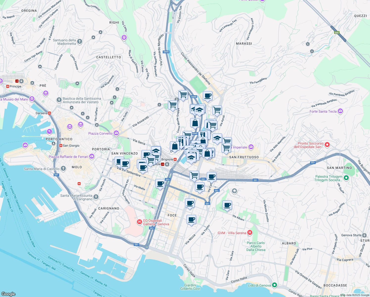 map of restaurants, bars, coffee shops, grocery stores, and more near 2 Corso Monte Grappa in Genova