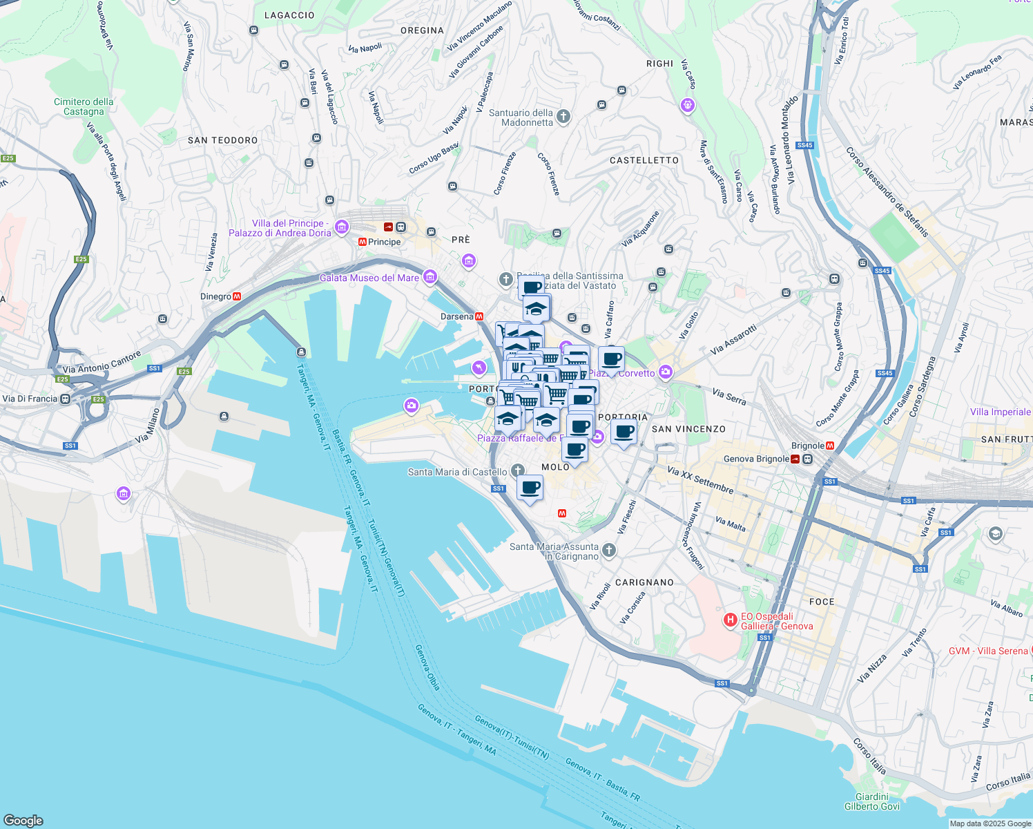 map of restaurants, bars, coffee shops, grocery stores, and more near 2 Piazza Della Raibetta in Genova