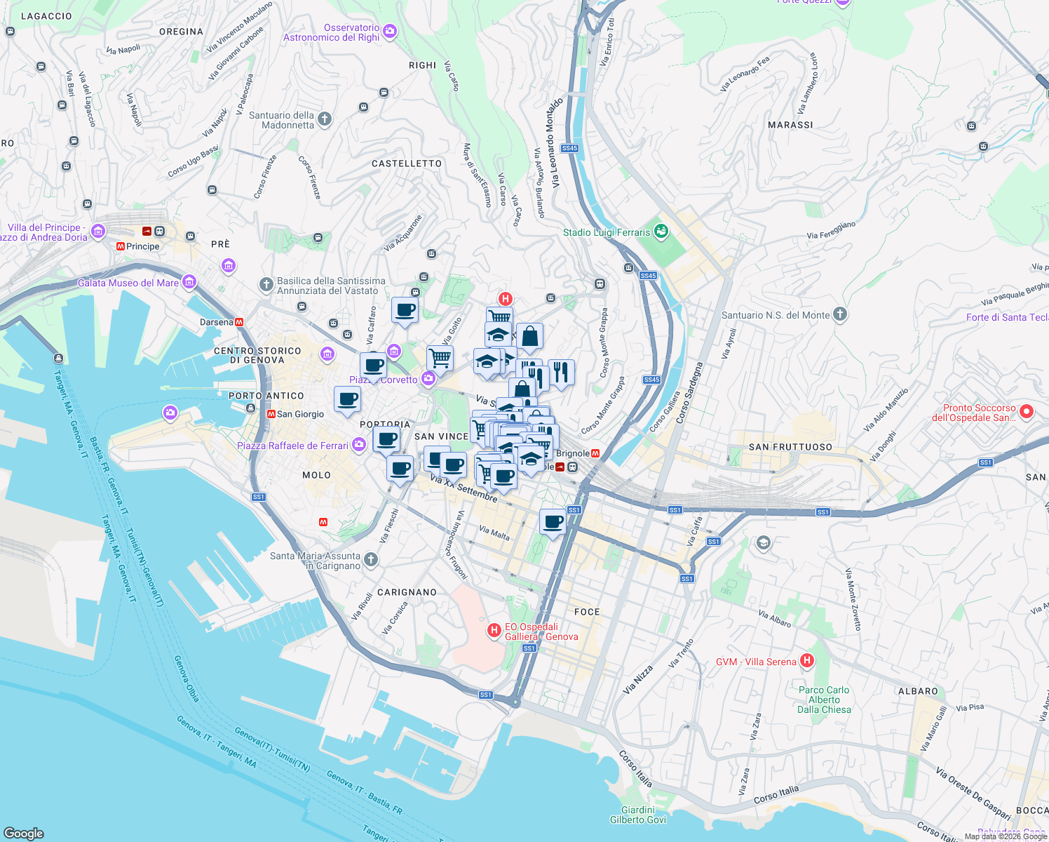 map of restaurants, bars, coffee shops, grocery stores, and more near 2 Piazza Brignole in Genoa