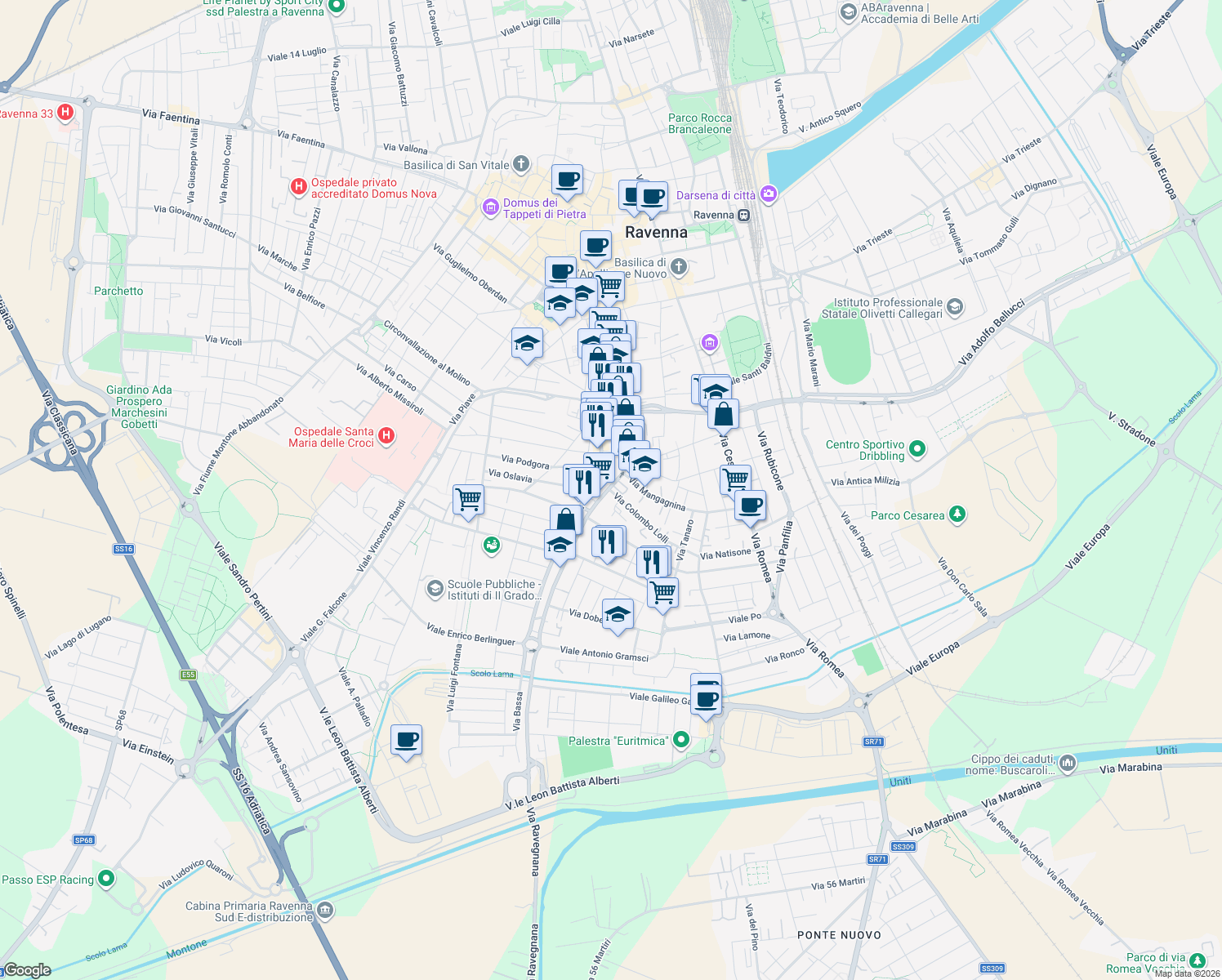 map of restaurants, bars, coffee shops, grocery stores, and more near 19 Vicolo Capannetti in Ravenna