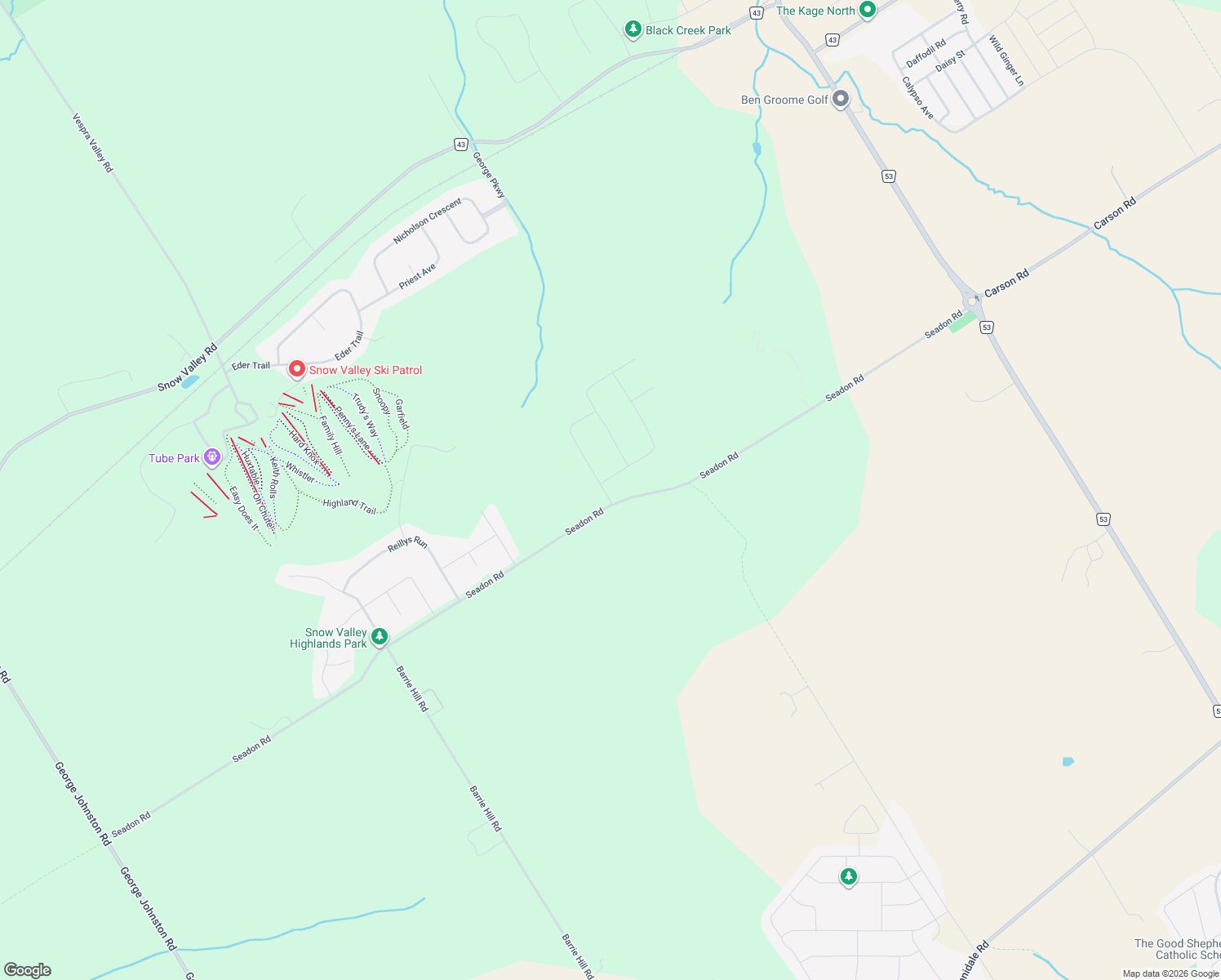 map of restaurants, bars, coffee shops, grocery stores, and more near 19 Byers Street in Minesing