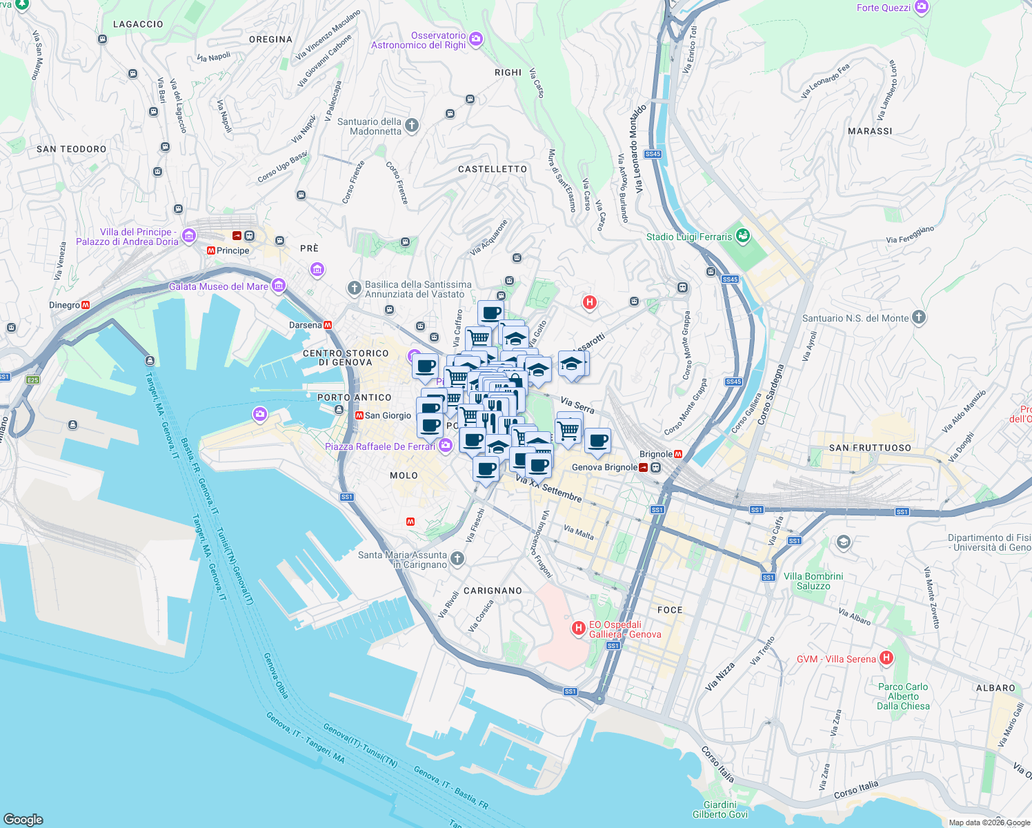 map of restaurants, bars, coffee shops, grocery stores, and more near 12 Galleria Errico Martino in Genova