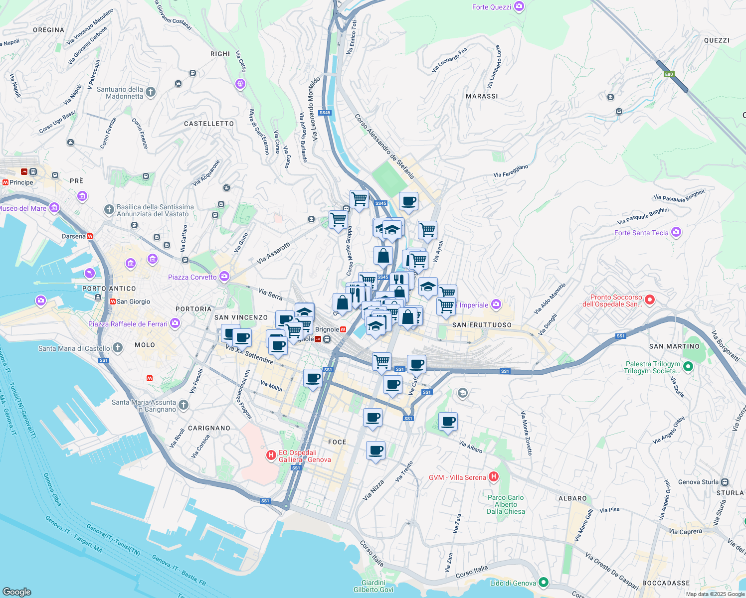 map of restaurants, bars, coffee shops, grocery stores, and more near 2 Corso Monte Grappa in Genoa