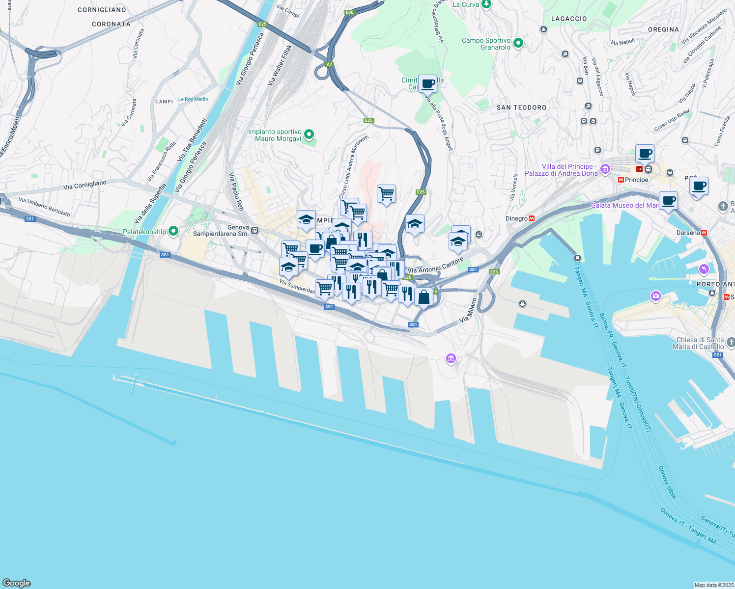 map of restaurants, bars, coffee shops, grocery stores, and more near 28 Via di Francia in Genoa