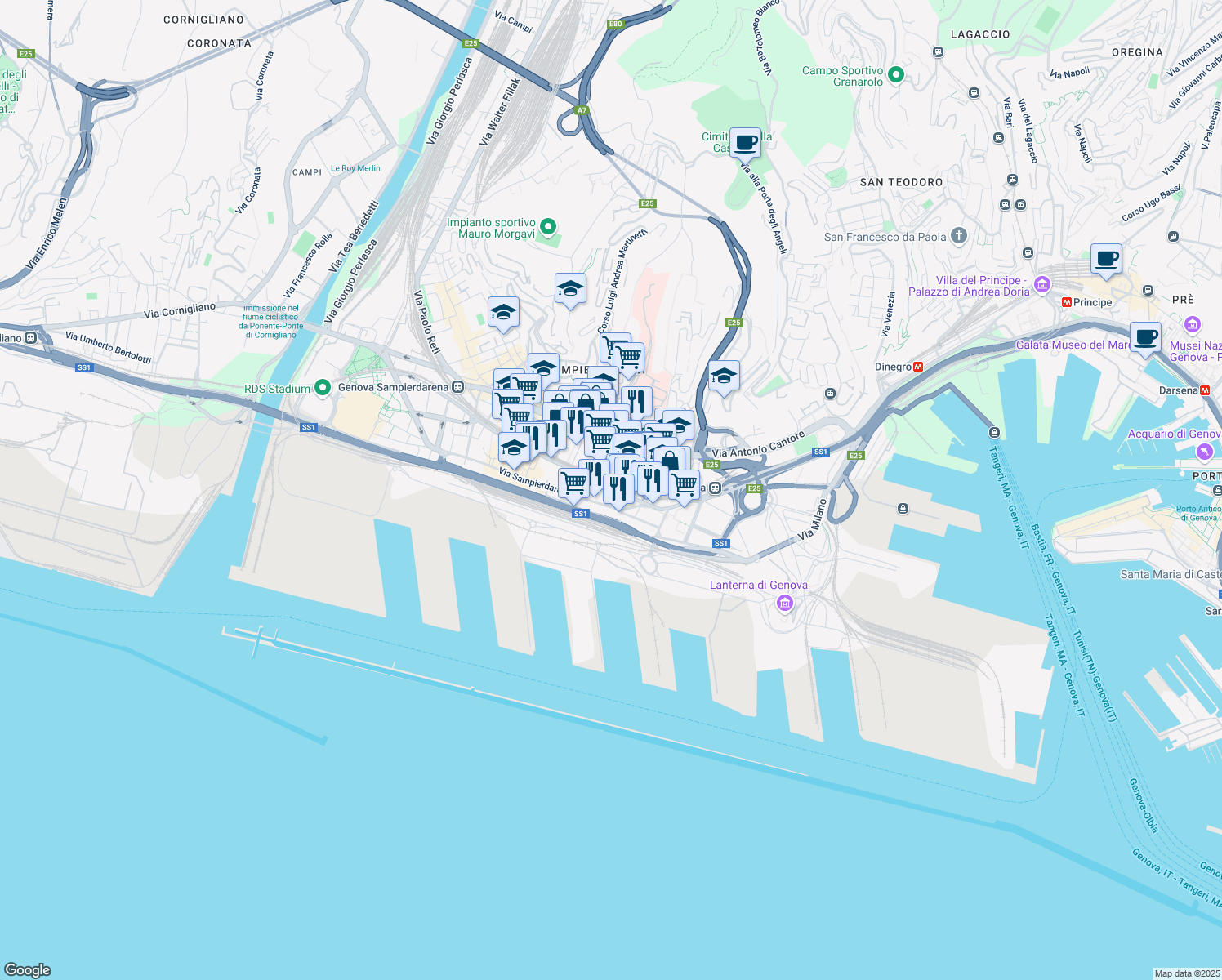 map of restaurants, bars, coffee shops, grocery stores, and more near 44 Via Giacomo Buranello in Genova