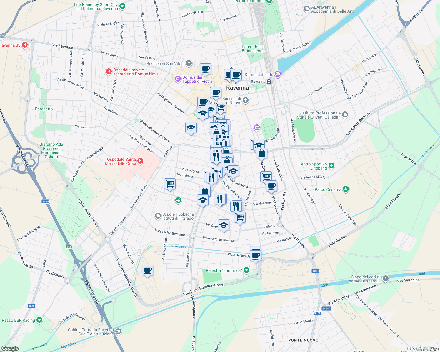 map of restaurants, bars, coffee shops, grocery stores, and more near 19 Vicolo Capannetti in Ravenna