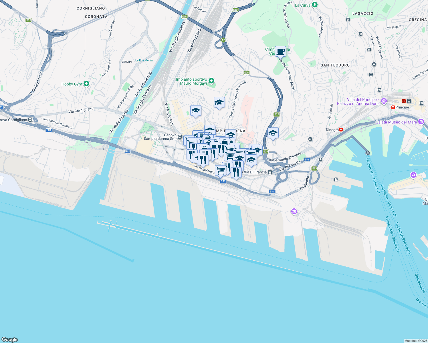 map of restaurants, bars, coffee shops, grocery stores, and more near 1037 Via San Pier d'Arena in Genova