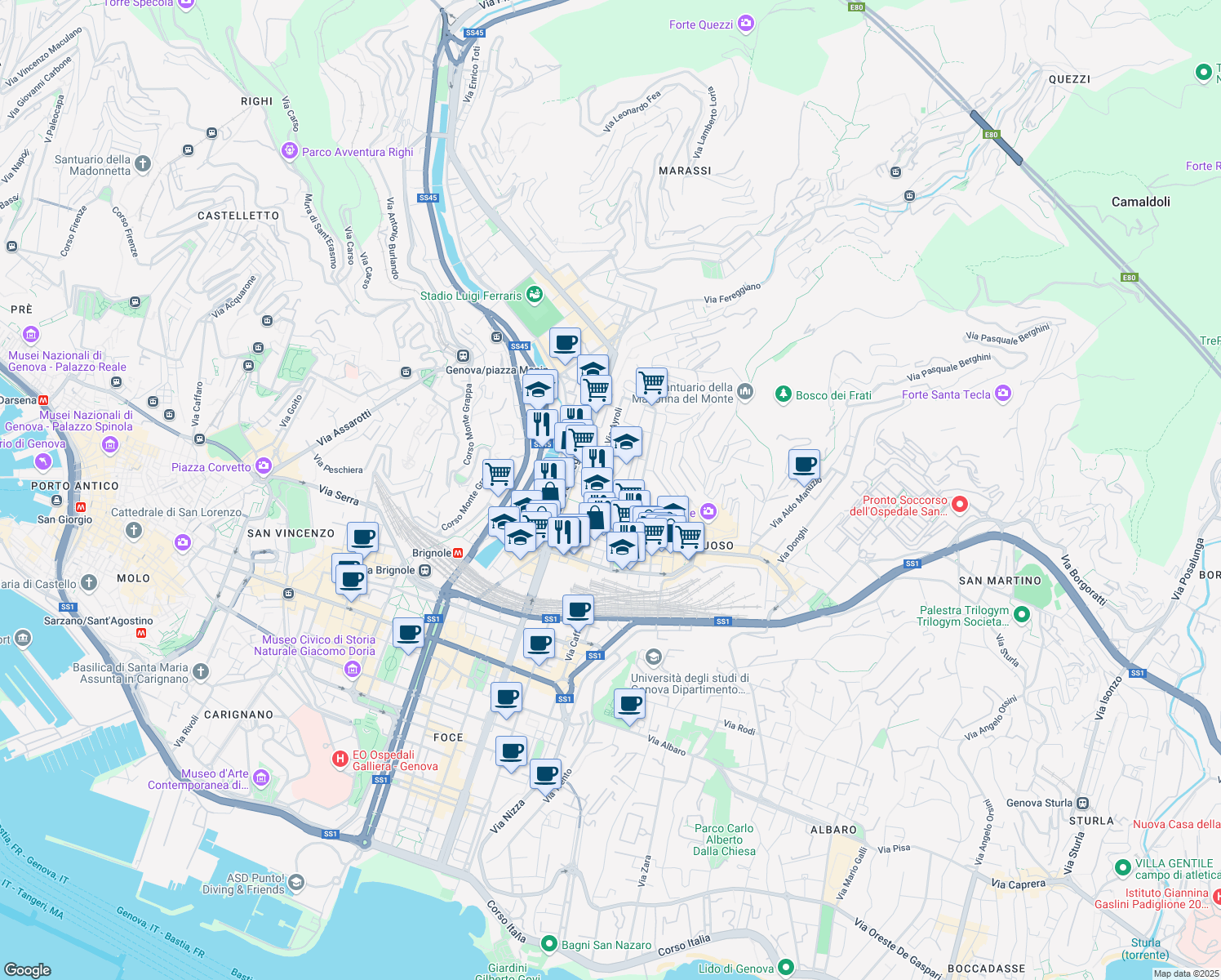 map of restaurants, bars, coffee shops, grocery stores, and more near 6R Via Cellini in Genova