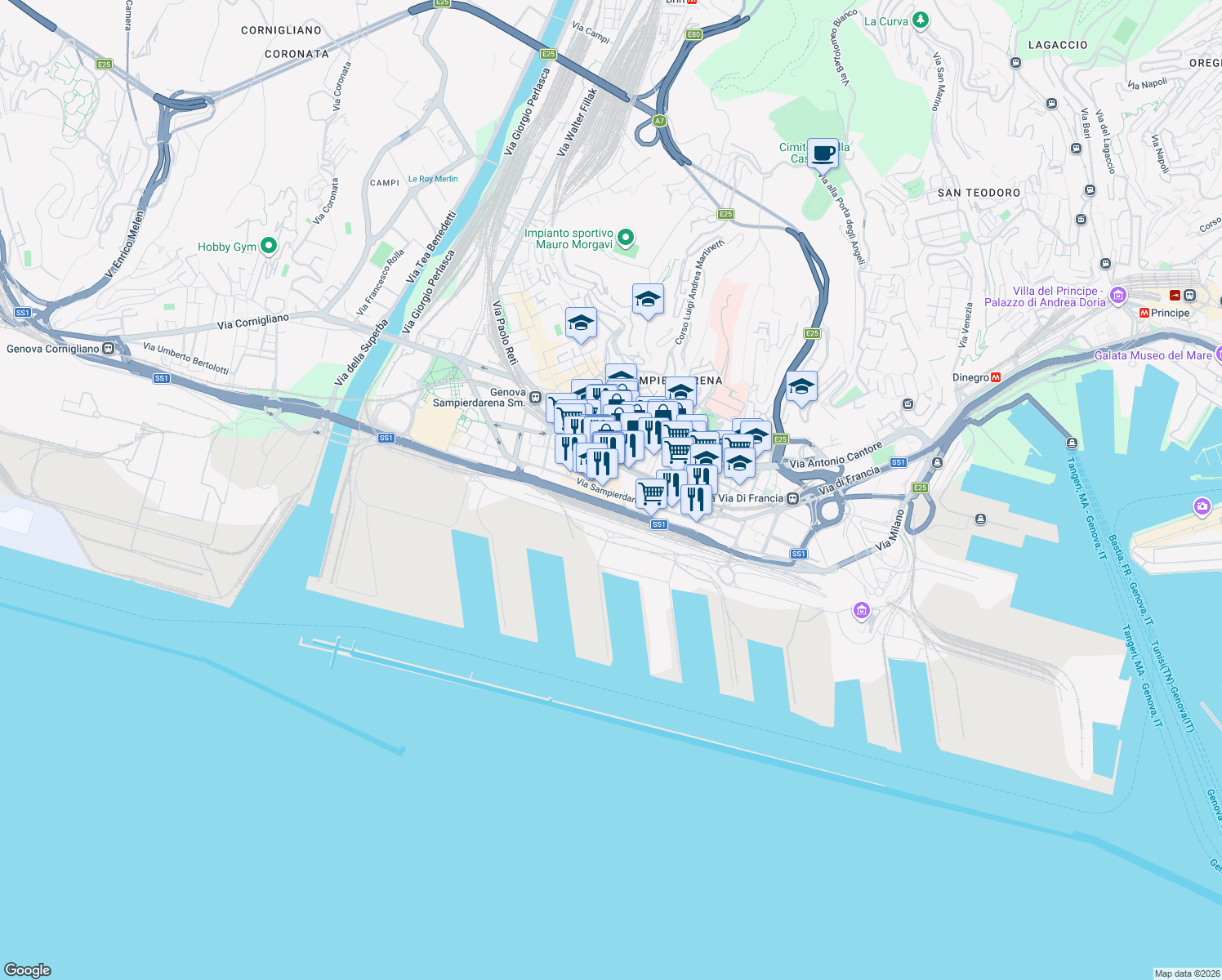 map of restaurants, bars, coffee shops, grocery stores, and more near 1037 Via San Luigi in Genova